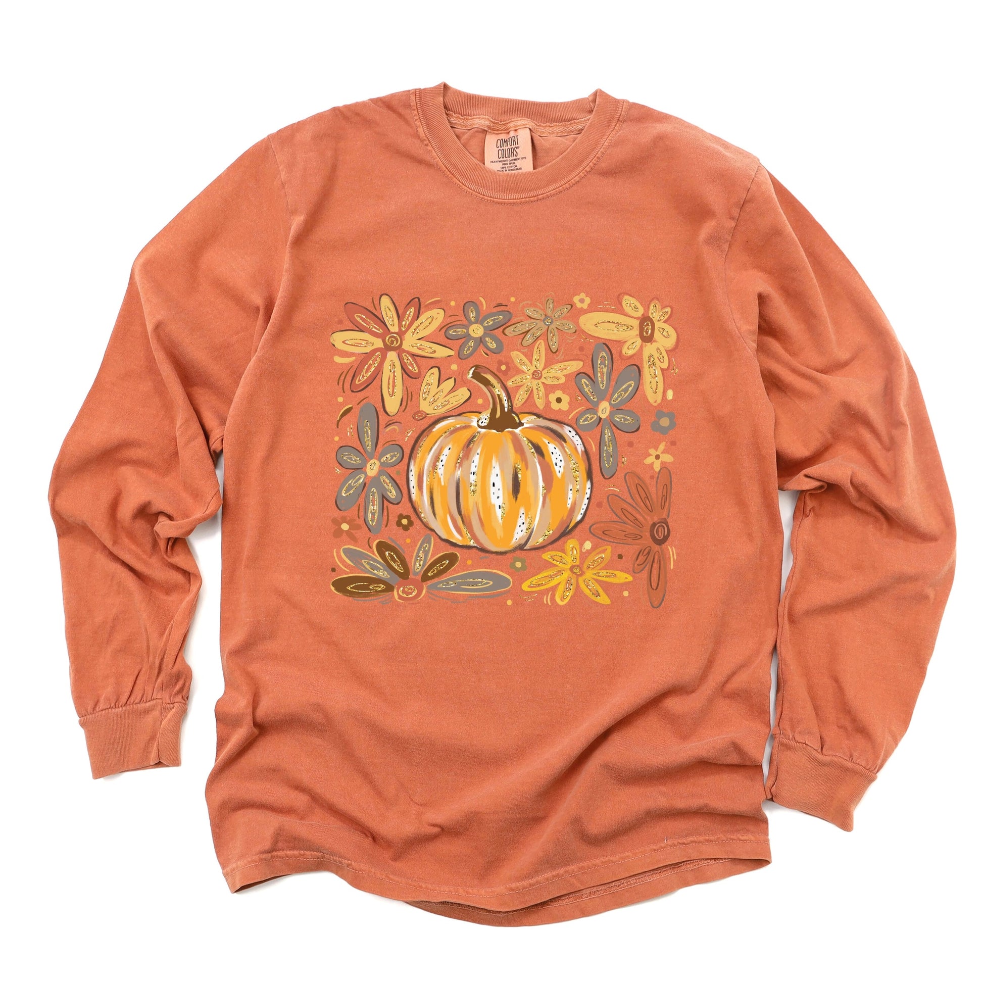 Fall Flowers And Pumpkin - Women's Garment Dyed Long Sleeve Graphic T-Shirt