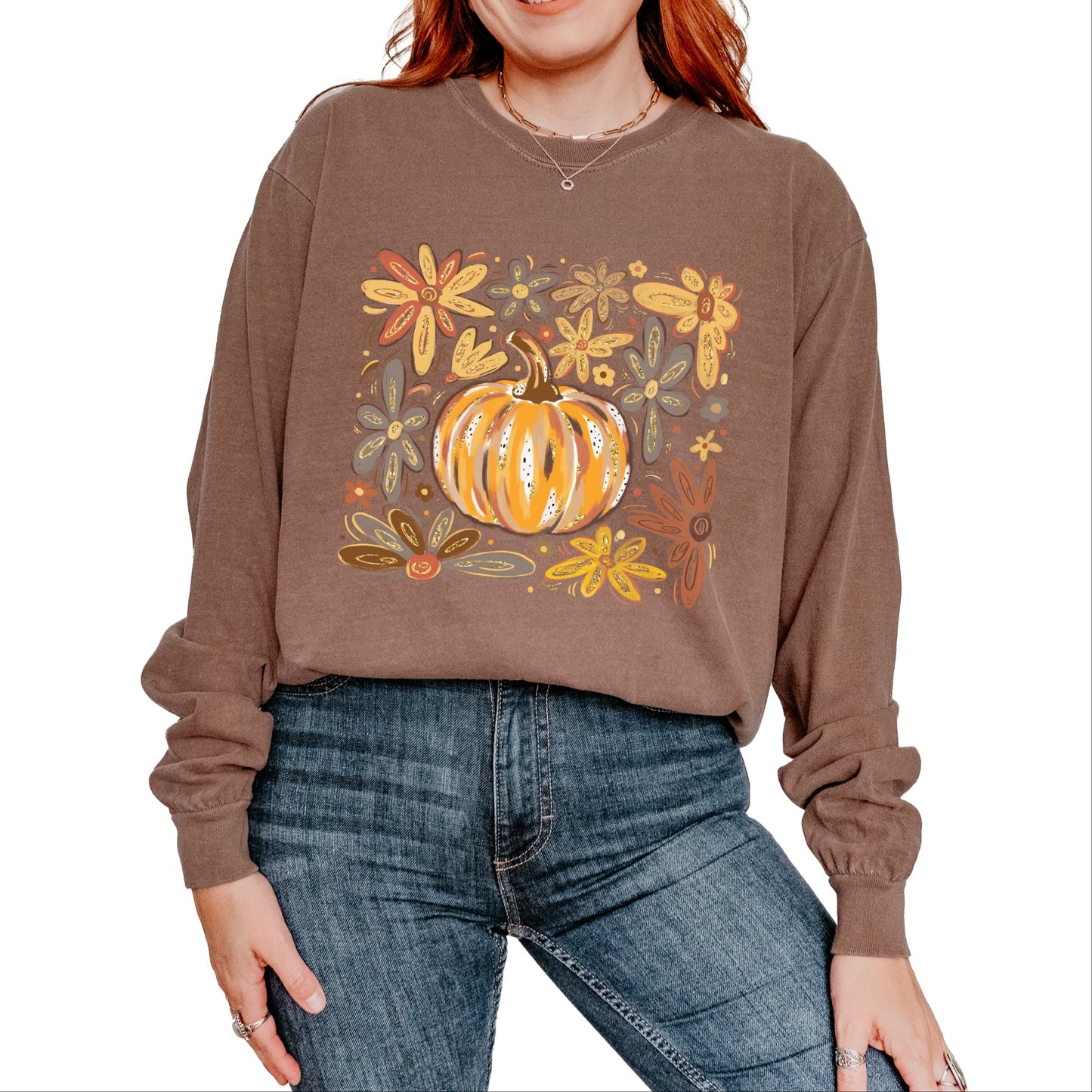 Fall Flowers And Pumpkin - Women's Garment Dyed Long Sleeve Graphic T-Shirt