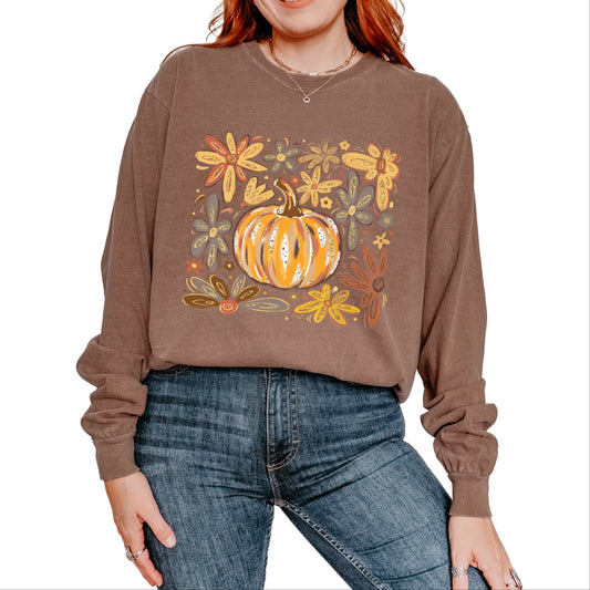 Fall Flowers And Pumpkin - Women's Garment Dyed Long Sleeve Graphic T-Shirt