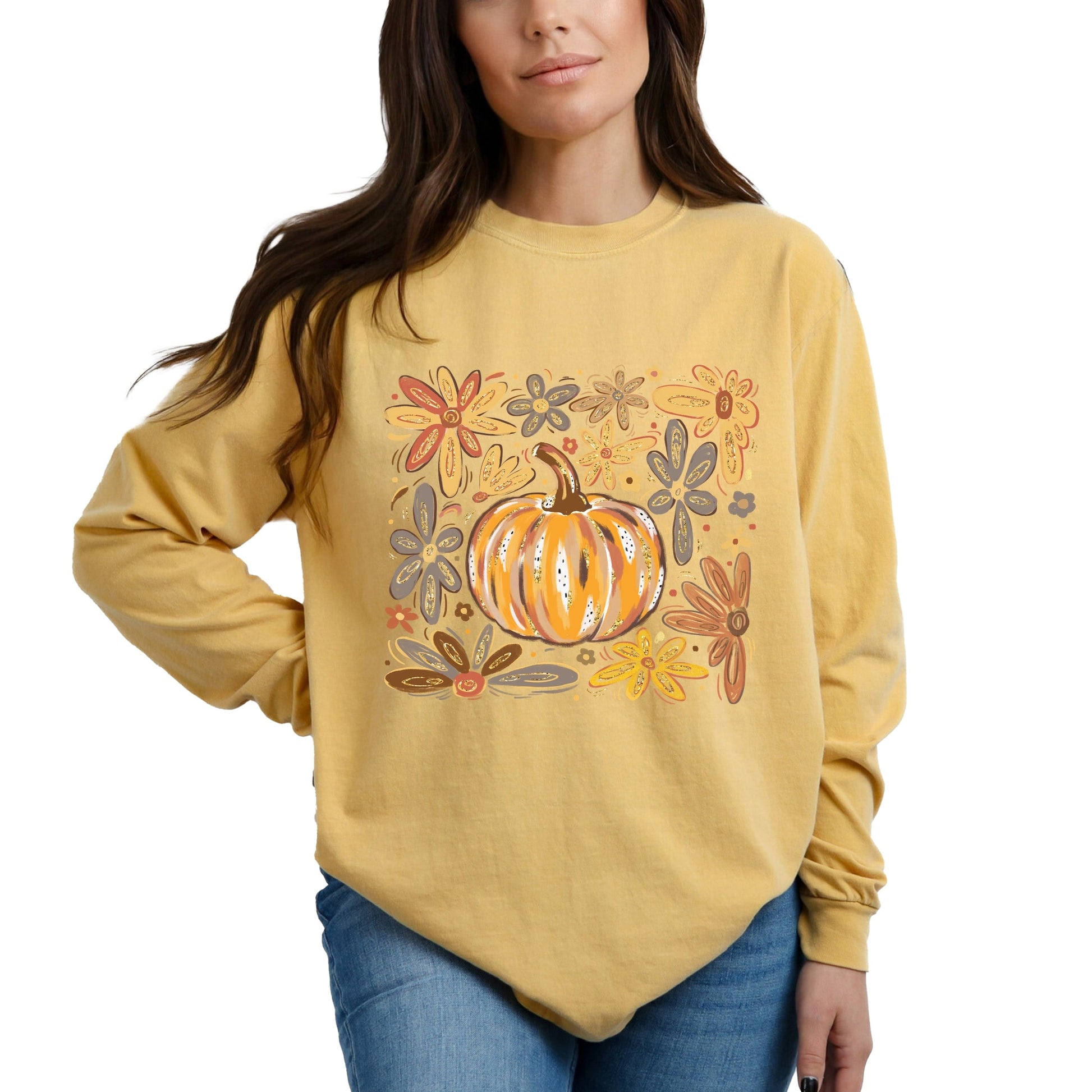 Fall Flowers And Pumpkin - Women's Garment Dyed Long Sleeve Graphic T-Shirt