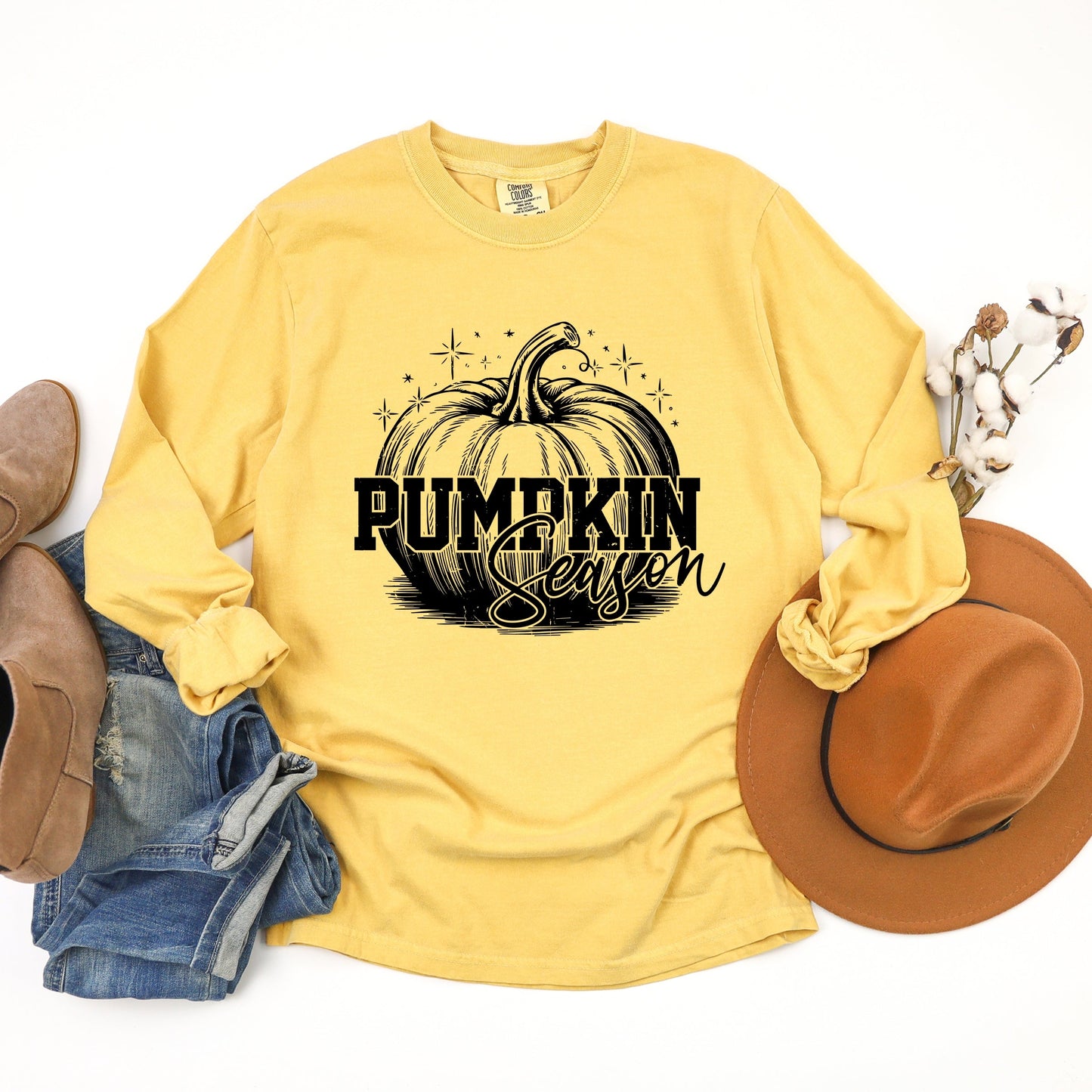Pumpkin Season Sparkles Distressed - Women's Garment Dyed Long Sleeve Graphic T-Shirt