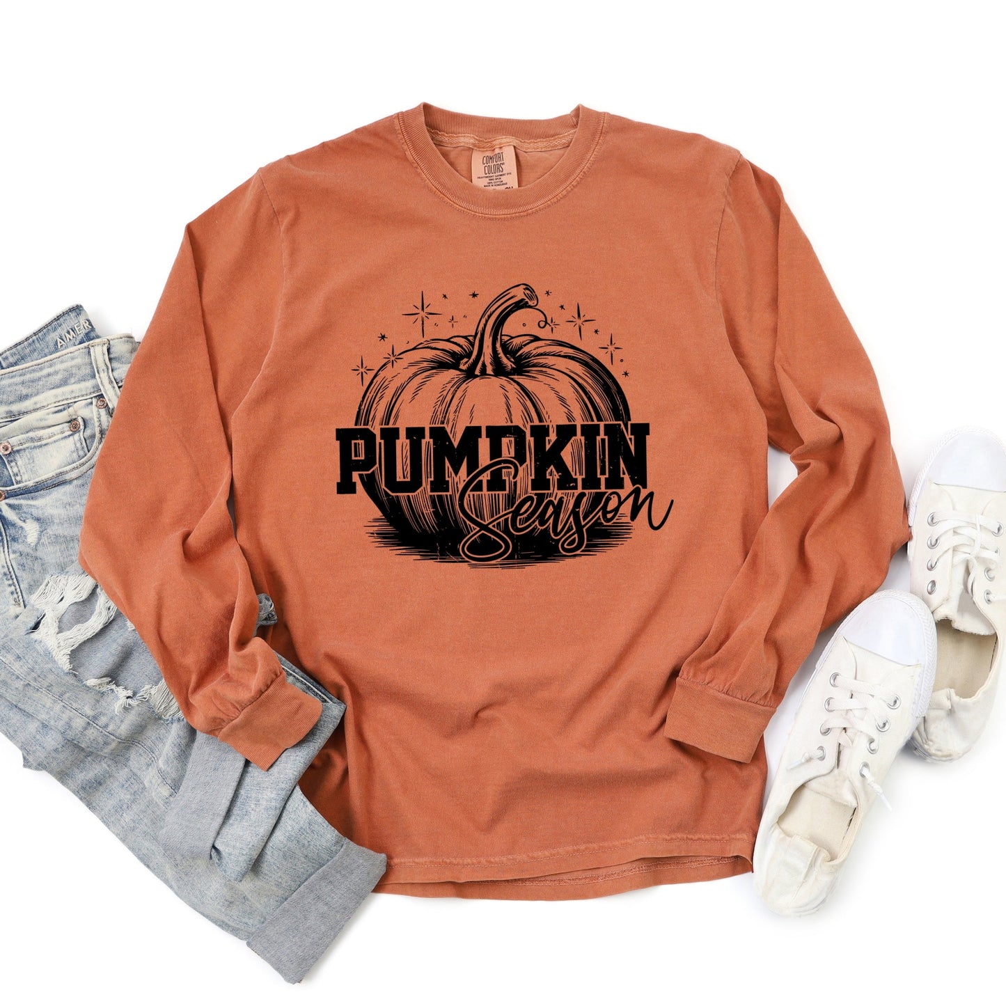 Pumpkin Season Sparkles Distressed - Women's Garment Dyed Long Sleeve Graphic T-Shirt