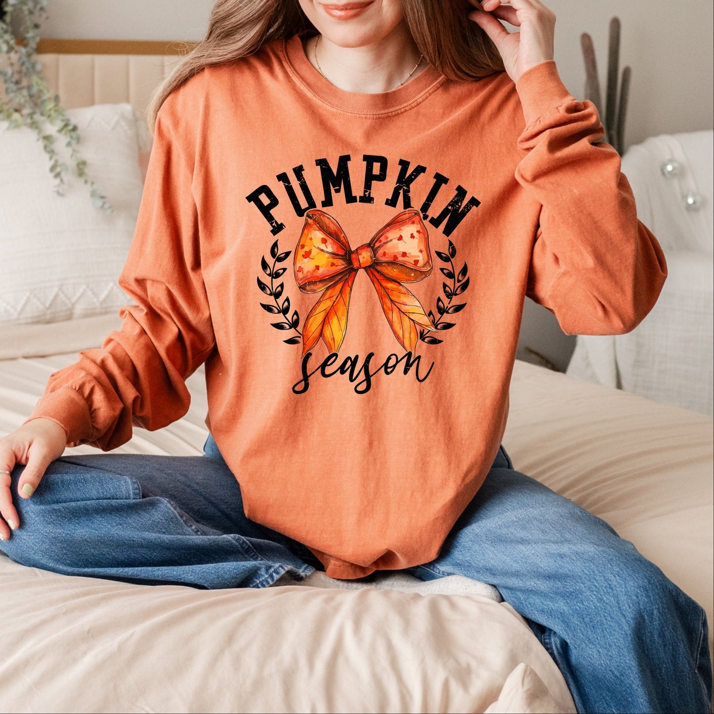 Coquette Orange Bow Pumpkin Season - Women's Garment Dyed Long Sleeve Graphic T-Shirt