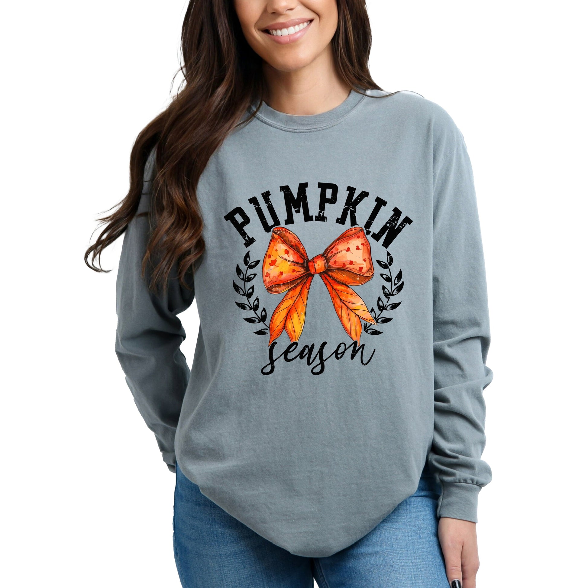 Coquette Orange Bow Pumpkin Season - Women's Garment Dyed Long Sleeve Graphic T-Shirt