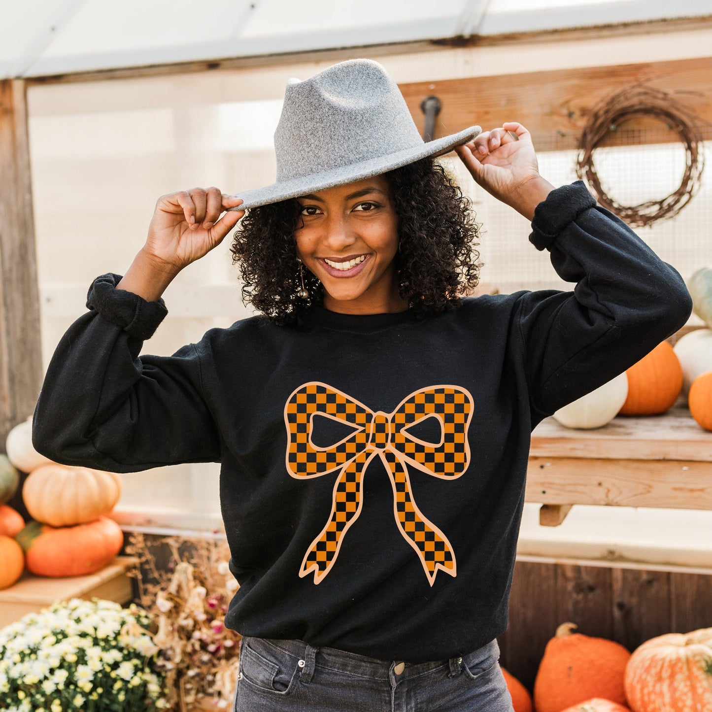 Coquette Orange Checker Bow - Women's Graphic Sweatshirt
