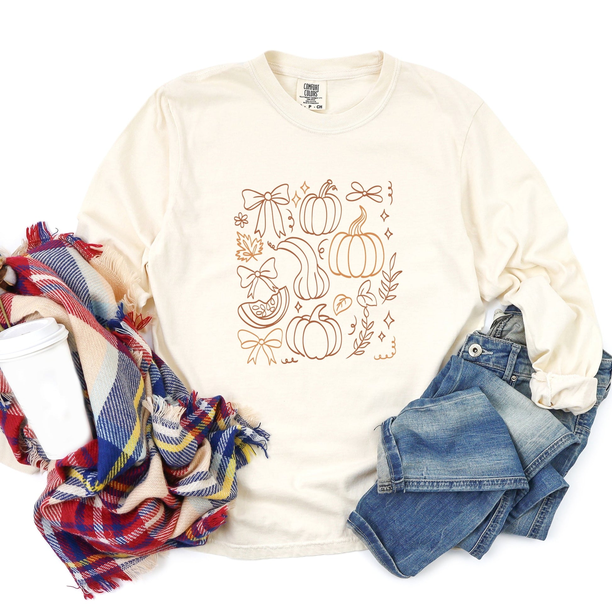 Coquette Pumpkin And Leaves Outline - Women's Garment Dyed Long Sleeve Graphic T-Shirt