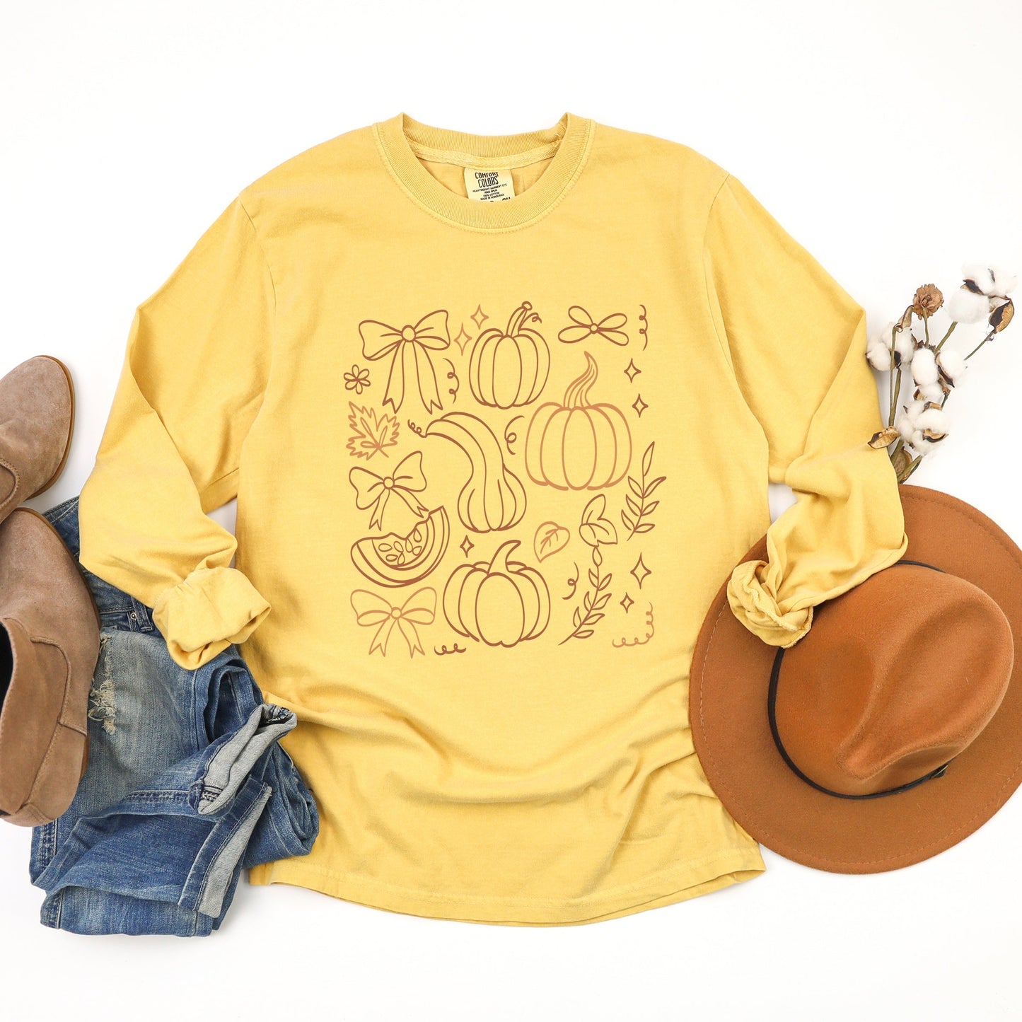 Coquette Pumpkin And Leaves Outline - Women's Garment Dyed Long Sleeve Graphic T-Shirt