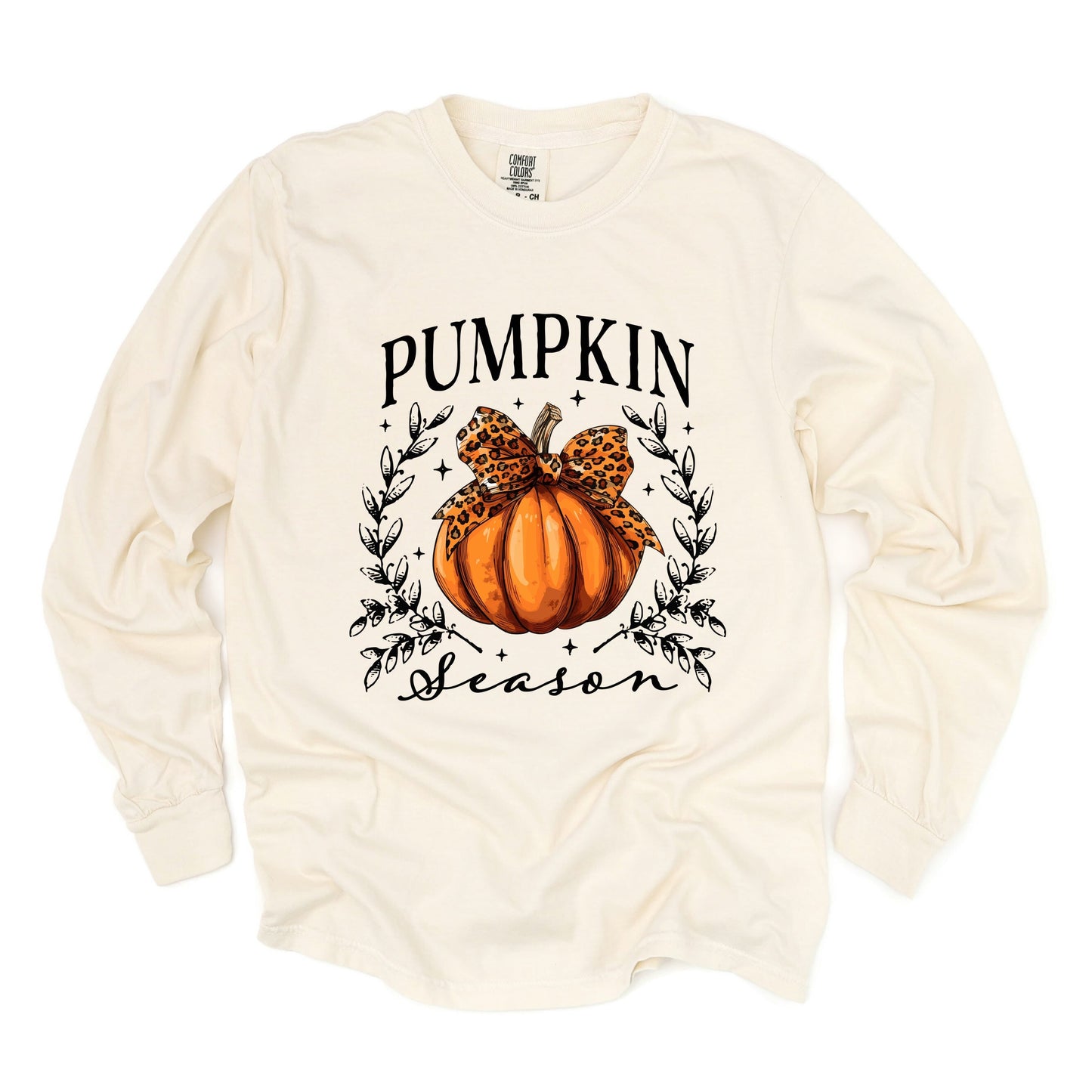 Pumpkin Season Leopard Bow - Women's Garment Dyed Long Sleeve Graphic T-Shirt