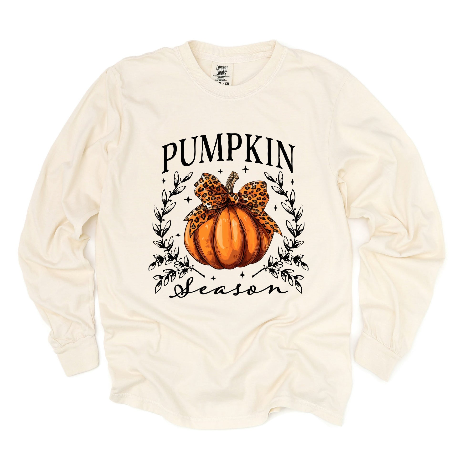 Pumpkin Season Leopard Bow - Women's Garment Dyed Long Sleeve Graphic T-Shirt
