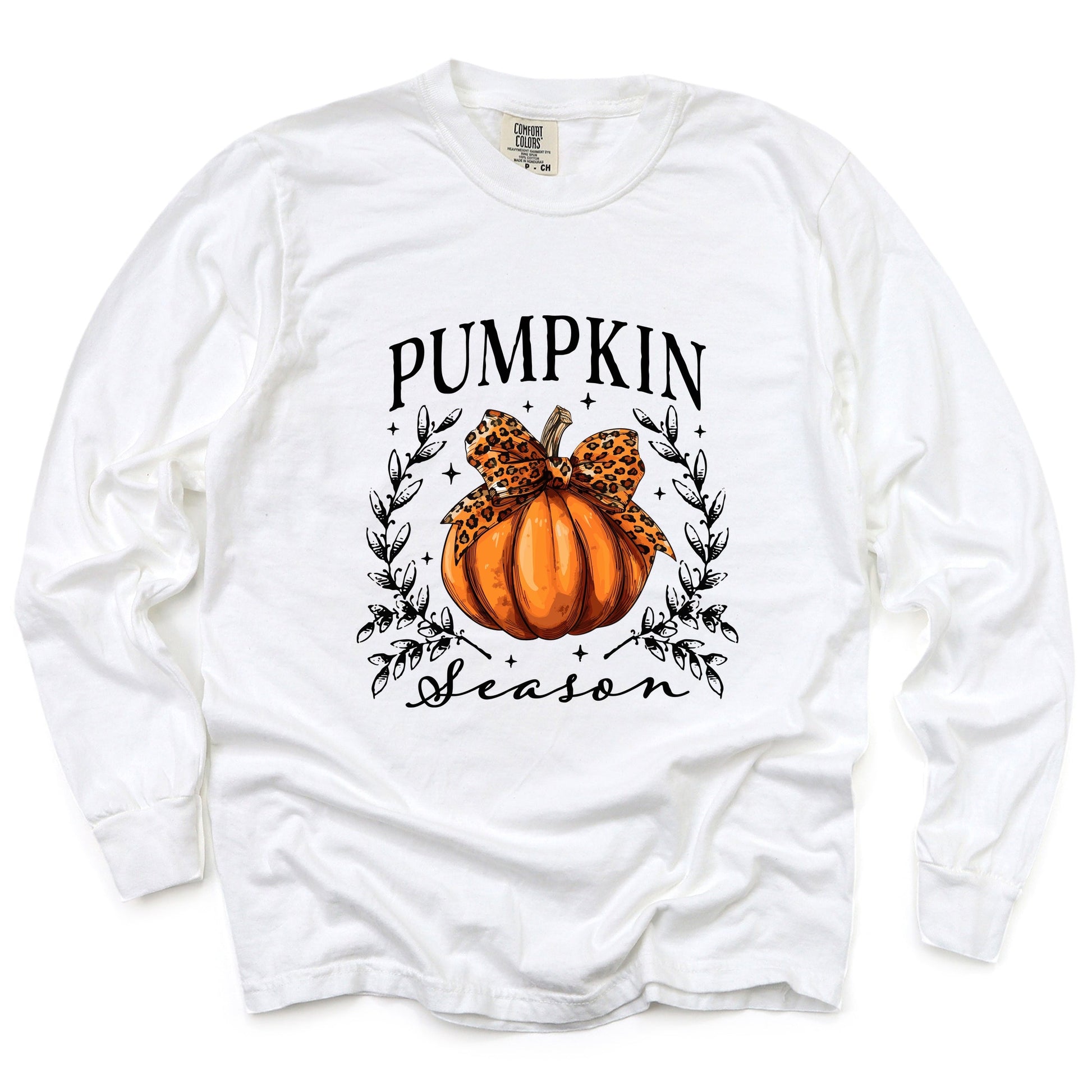 Pumpkin Season Leopard Bow - Women's Garment Dyed Long Sleeve Graphic T-Shirt