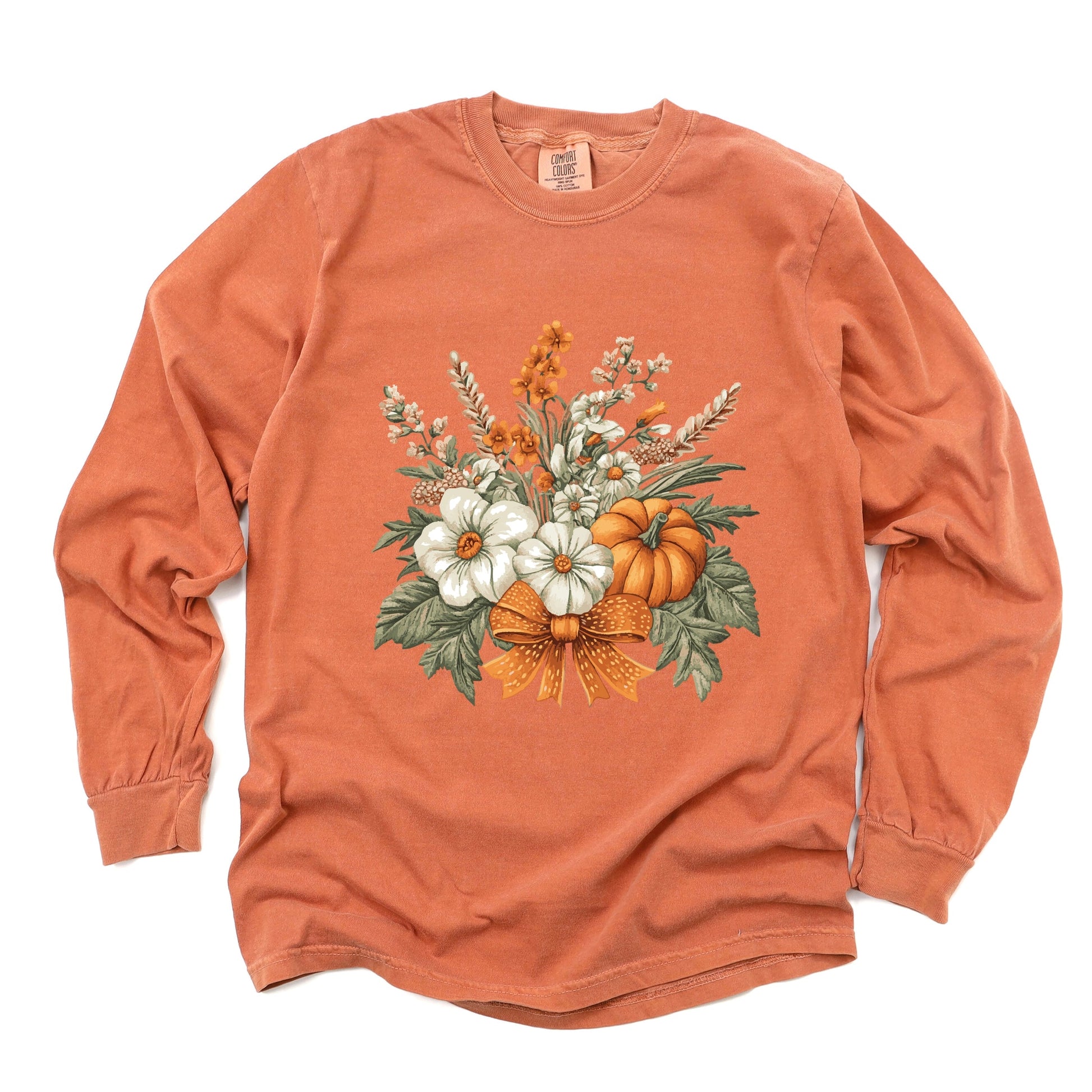 Coquette Orange Bow Fall Floral - Women's Garment Dyed Long Sleeve Graphic T-Shirt