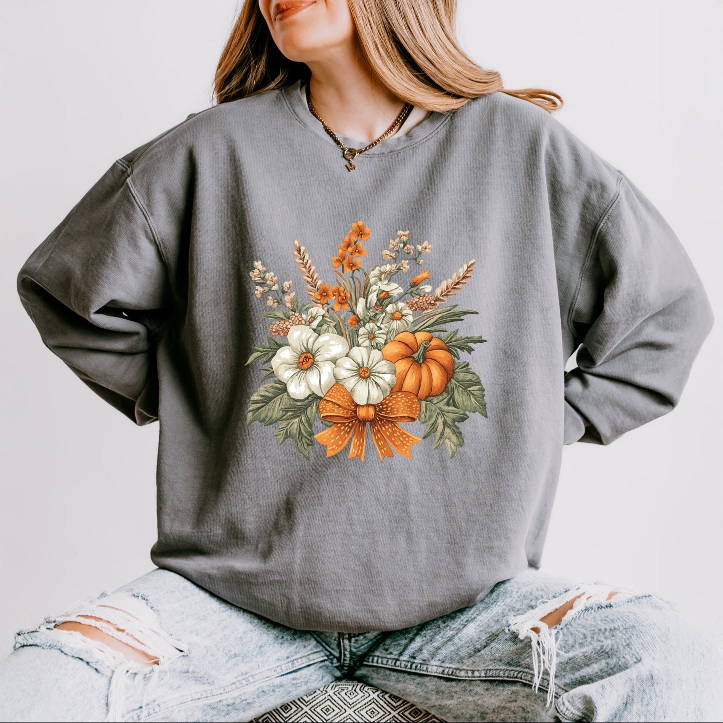 Coquette Orange Bow Fall Floral - Women's Lightweight Garment Dyed Sweatshirt