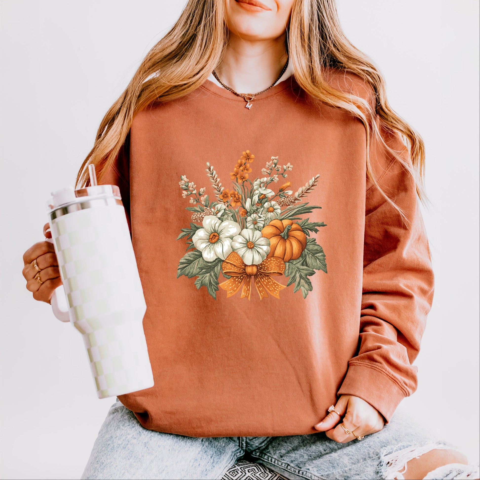 Coquette Orange Bow Fall Floral - Women's Lightweight Garment Dyed Sweatshirt