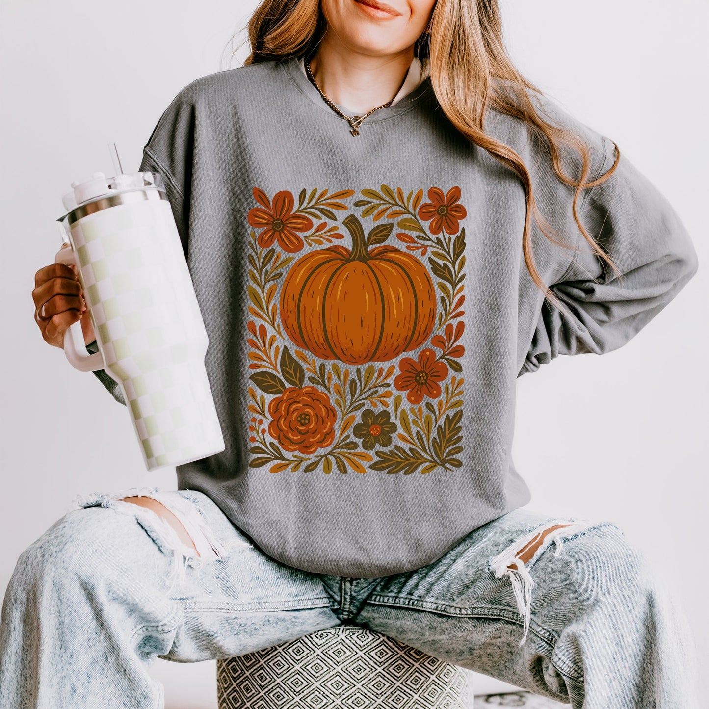 Pumpkin Boho Floral - Lightweight Garment Dyed Sweatshirt