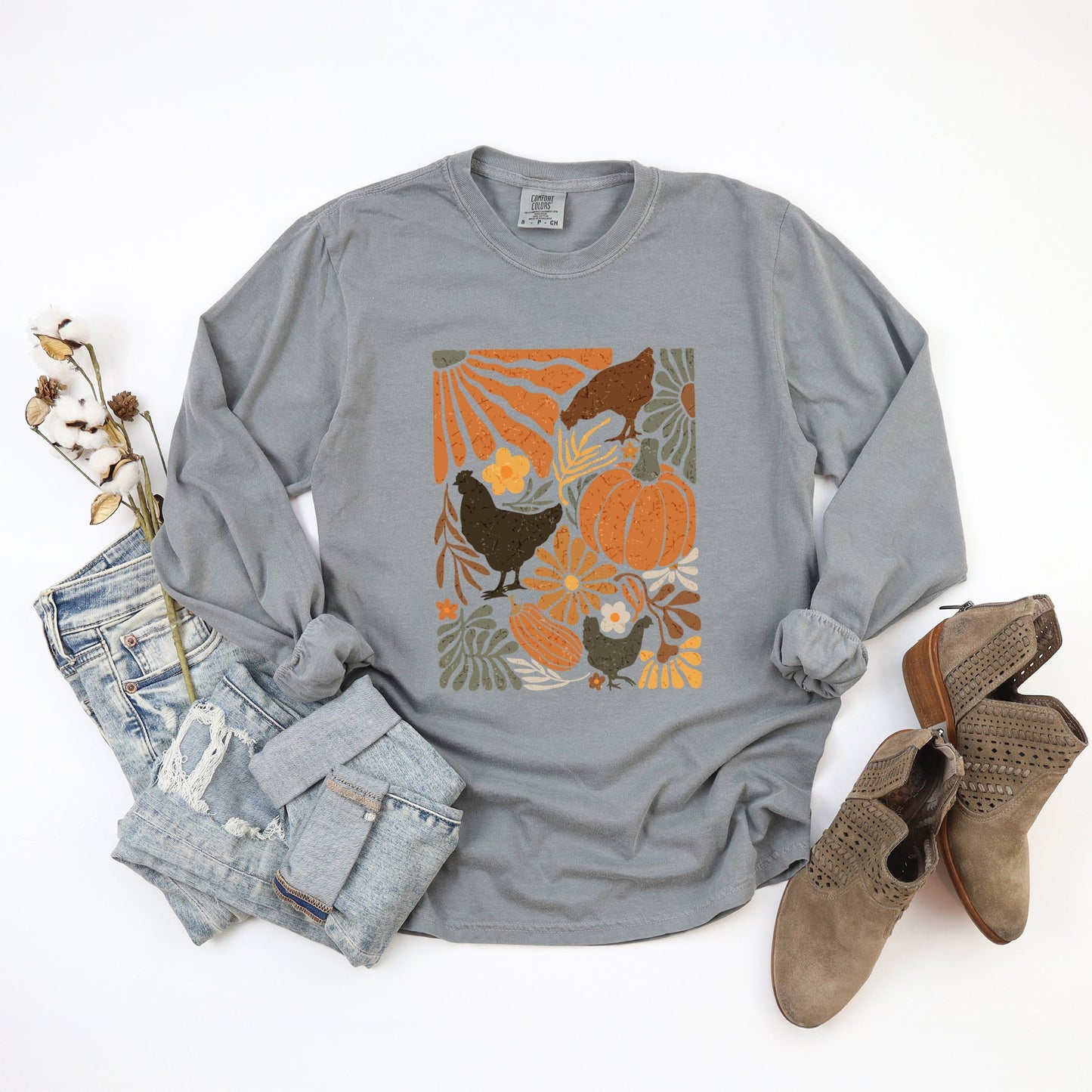 Chicken Boho Floral - Women's Garment Dyed Long Sleeve Graphic T-Shirt