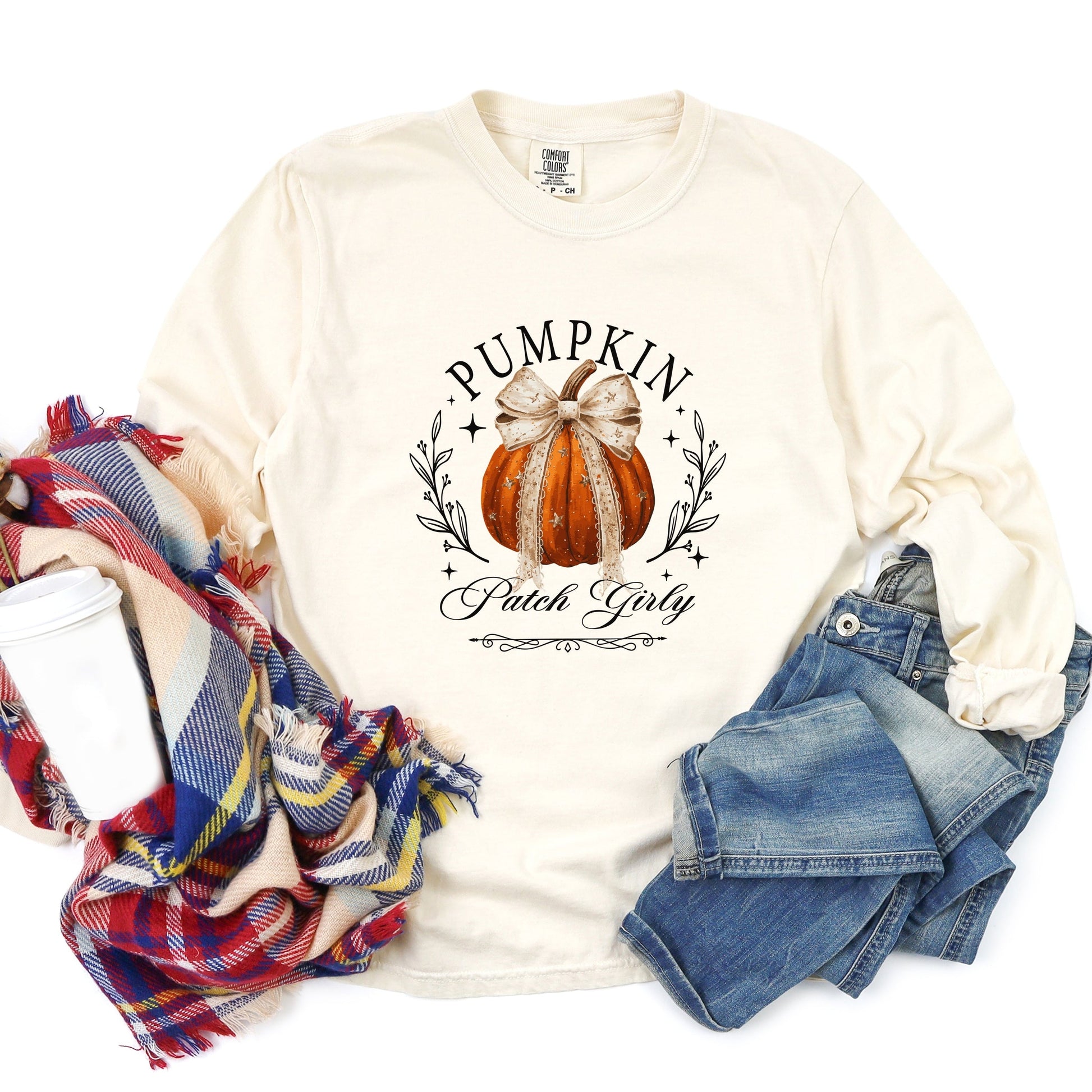 Coquette Pumpkin Patch Girly - Women's Garment Dyed Long Sleeve Graphic T-Shirt