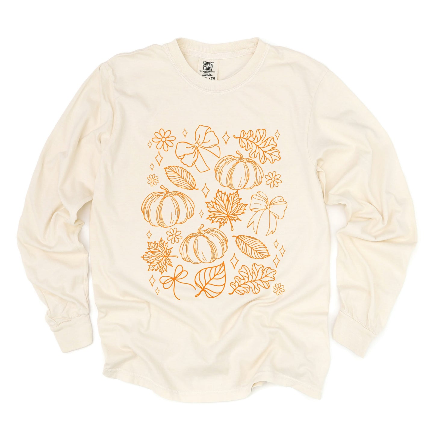 Fall Decorations Outline - Women's Garment Dyed Long Sleeve Graphic T-Shirt