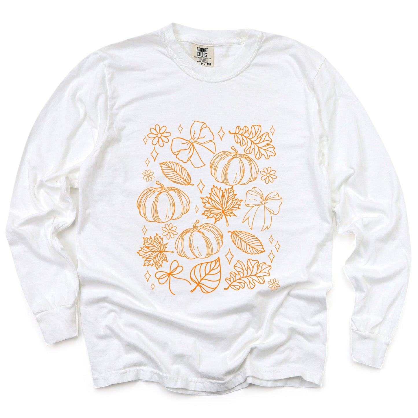 Fall Decorations Outline - Women's Garment Dyed Long Sleeve Graphic T-Shirt