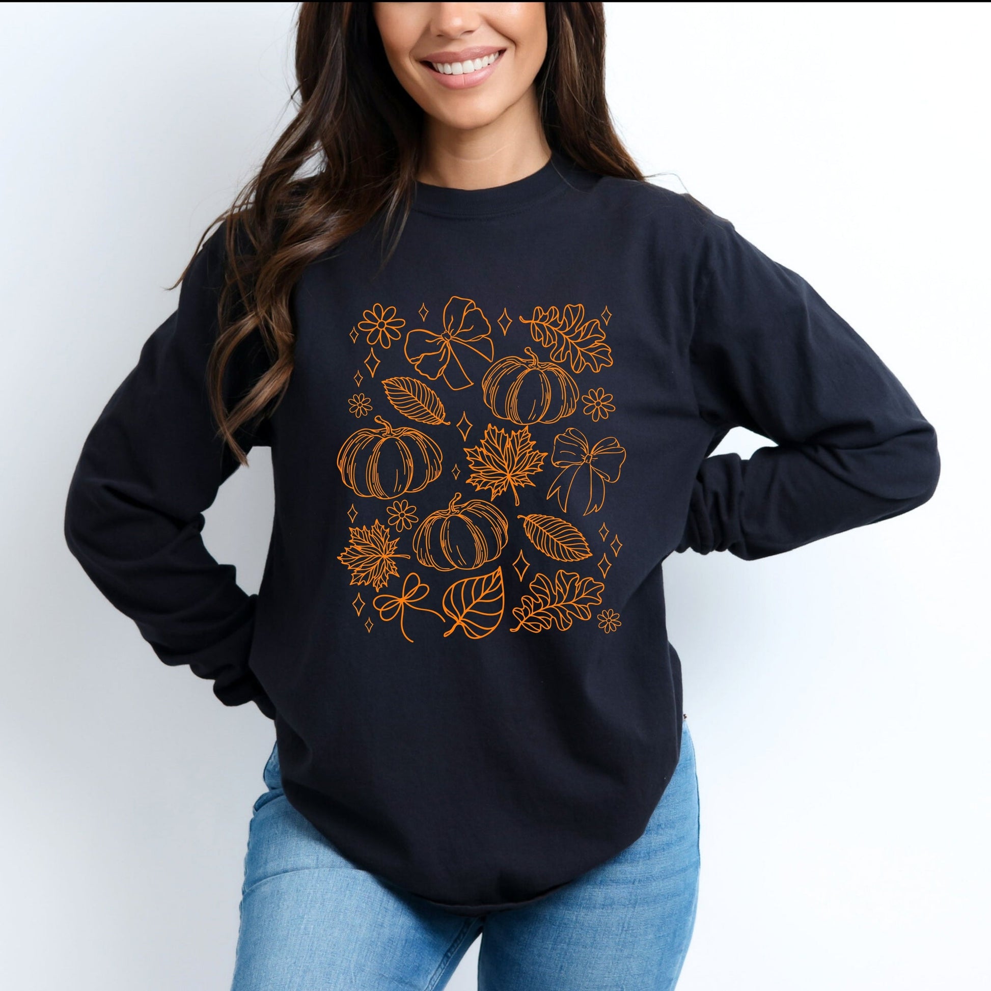 Fall Decorations Outline - Women's Garment Dyed Long Sleeve Graphic T-Shirt