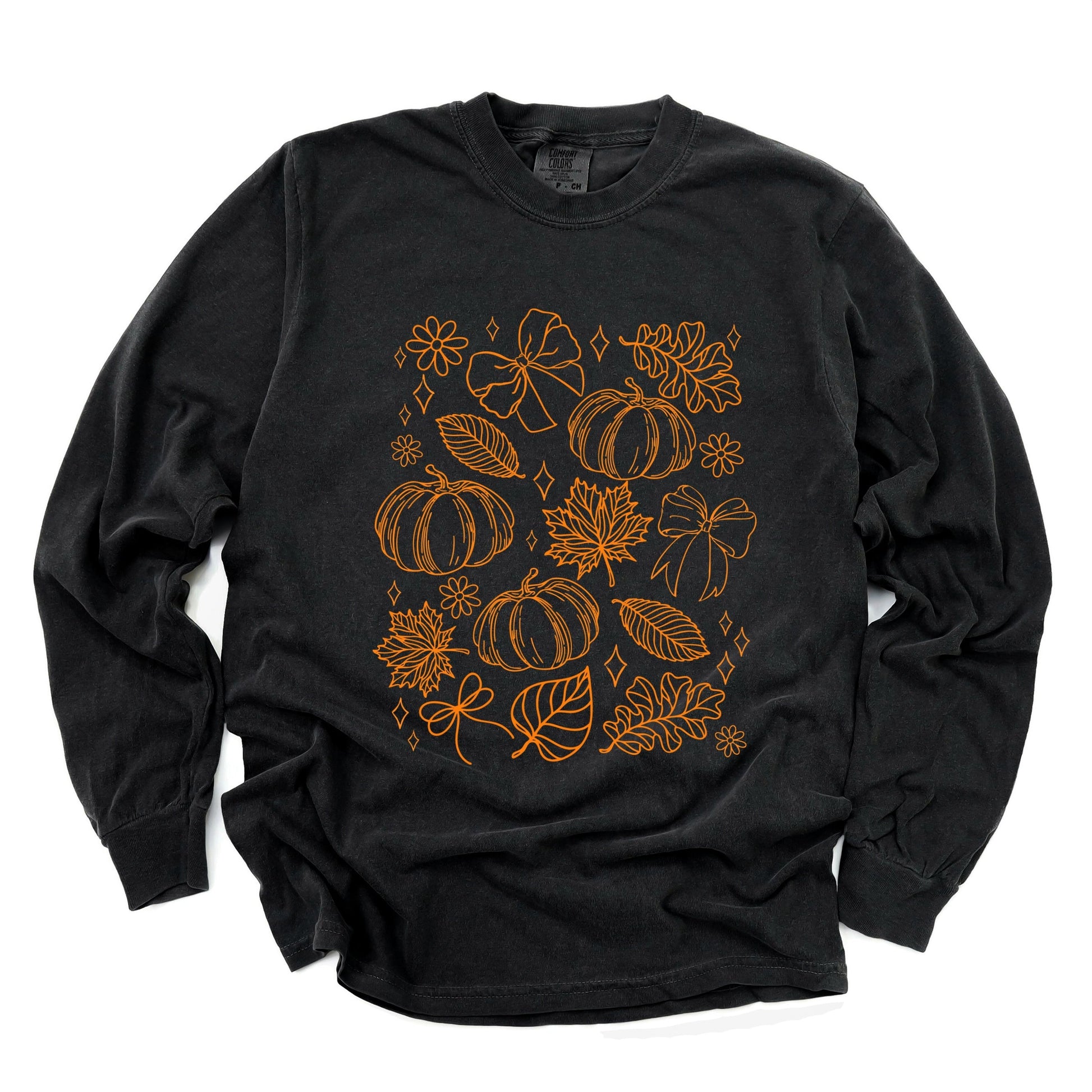 Fall Decorations Outline - Women's Garment Dyed Long Sleeve Graphic T-Shirt