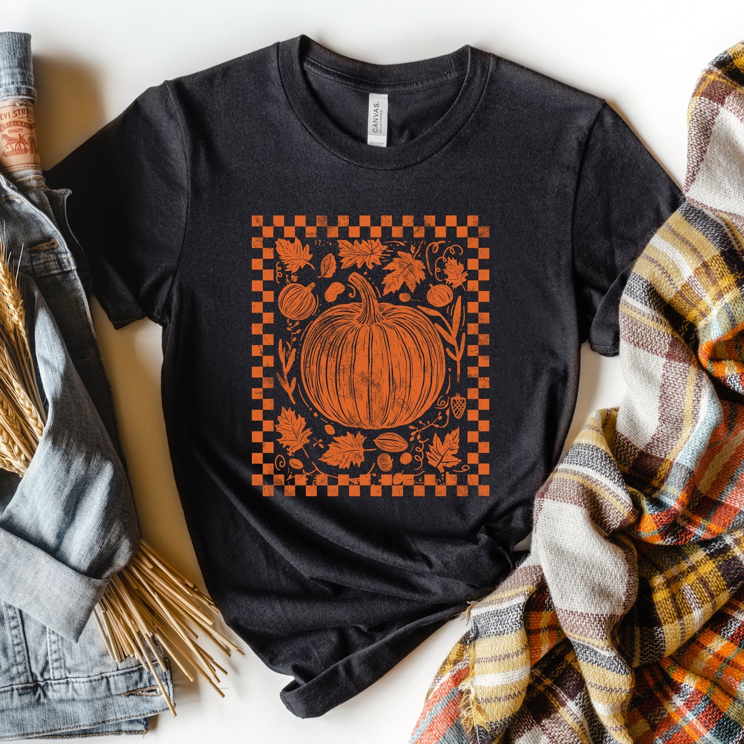 Pumpkin Checkered Distressed - Women's Short Sleeve Graphic T-Shirt