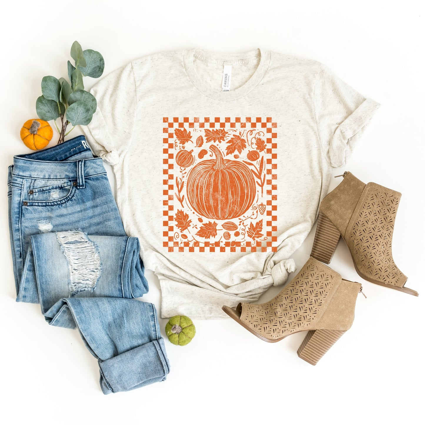 Pumpkin Checkered Distressed - Women's Short Sleeve Graphic T-Shirt