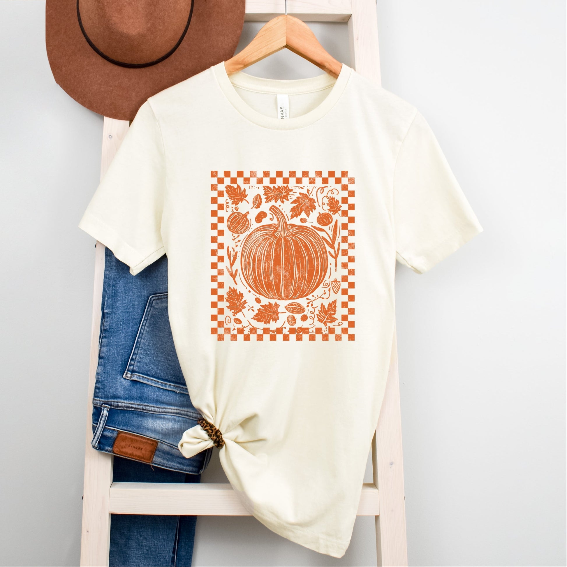 Pumpkin Checkered Distressed - Women's Short Sleeve Graphic T-Shirt