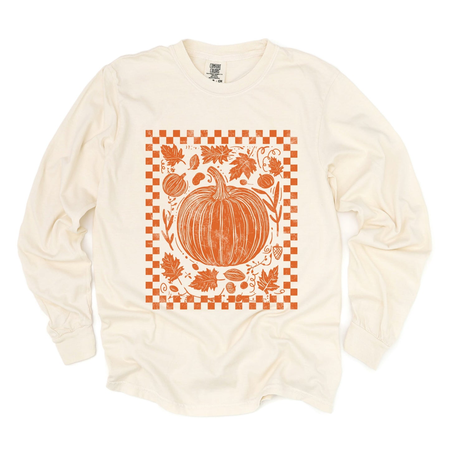 Pumpkin Checkered Distressed - Women's Garment Dyed Long Sleeve Graphic T-Shirt