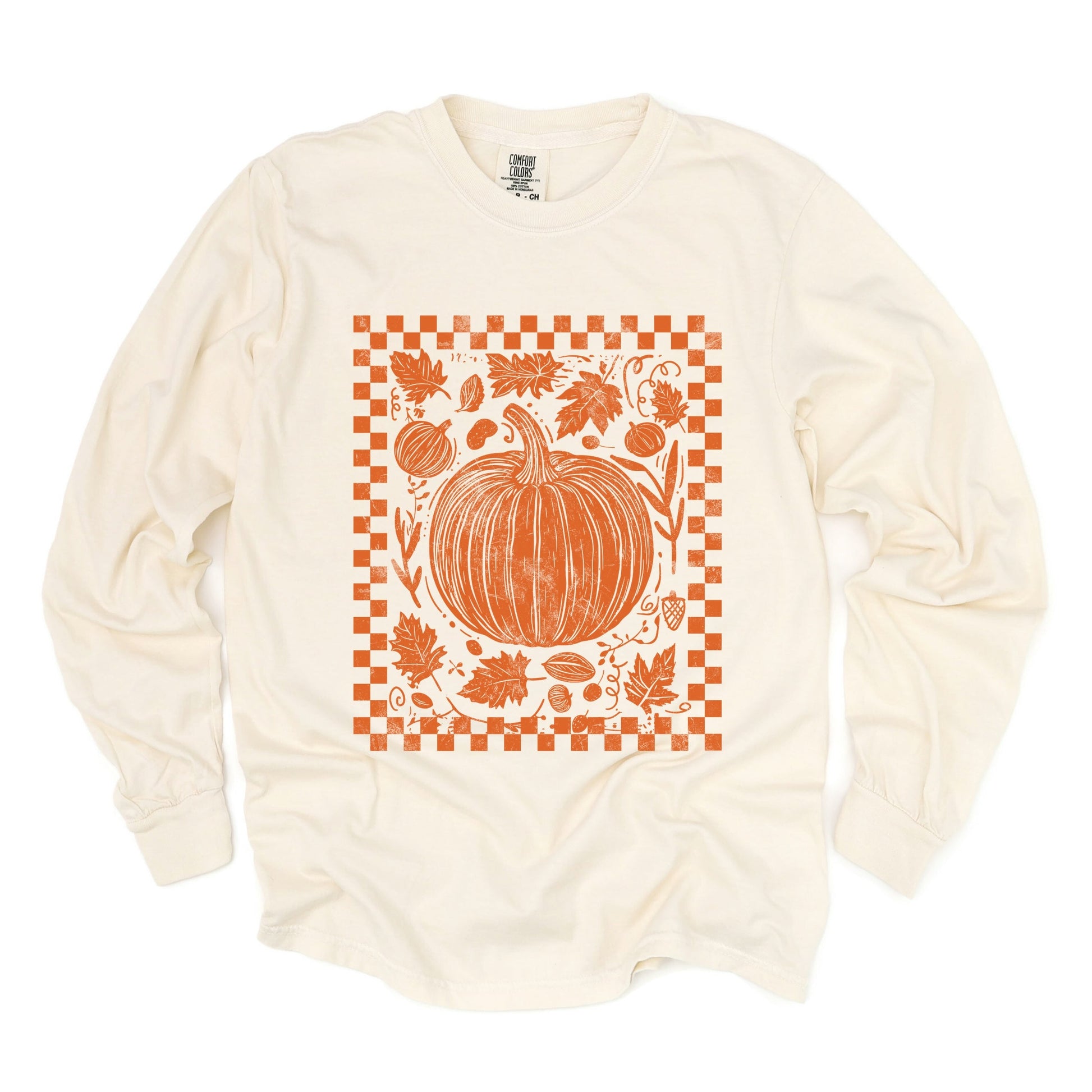 Pumpkin Checkered Distressed - Women's Garment Dyed Long Sleeve Graphic T-Shirt