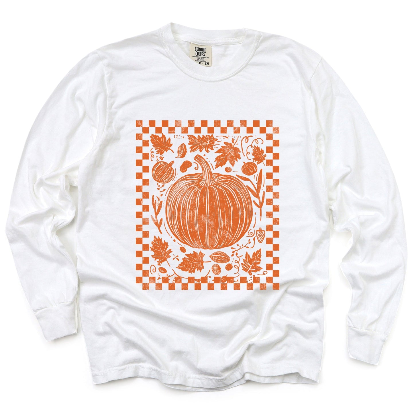 Pumpkin Checkered Distressed - Women's Garment Dyed Long Sleeve Graphic T-Shirt