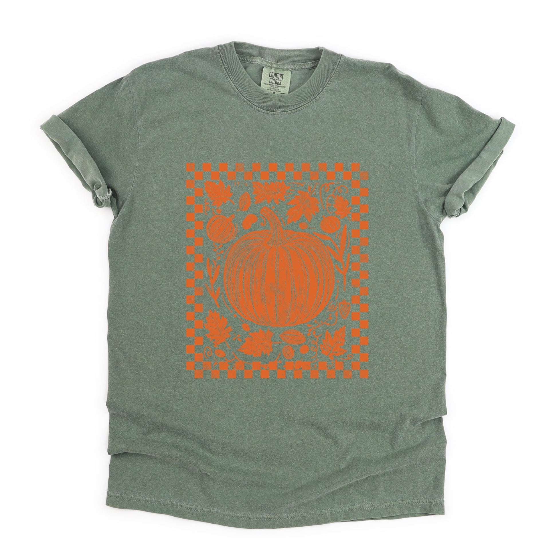 Pumpkin Checkered Distressed - Women's Garment Dyed Graphic T-Shirt