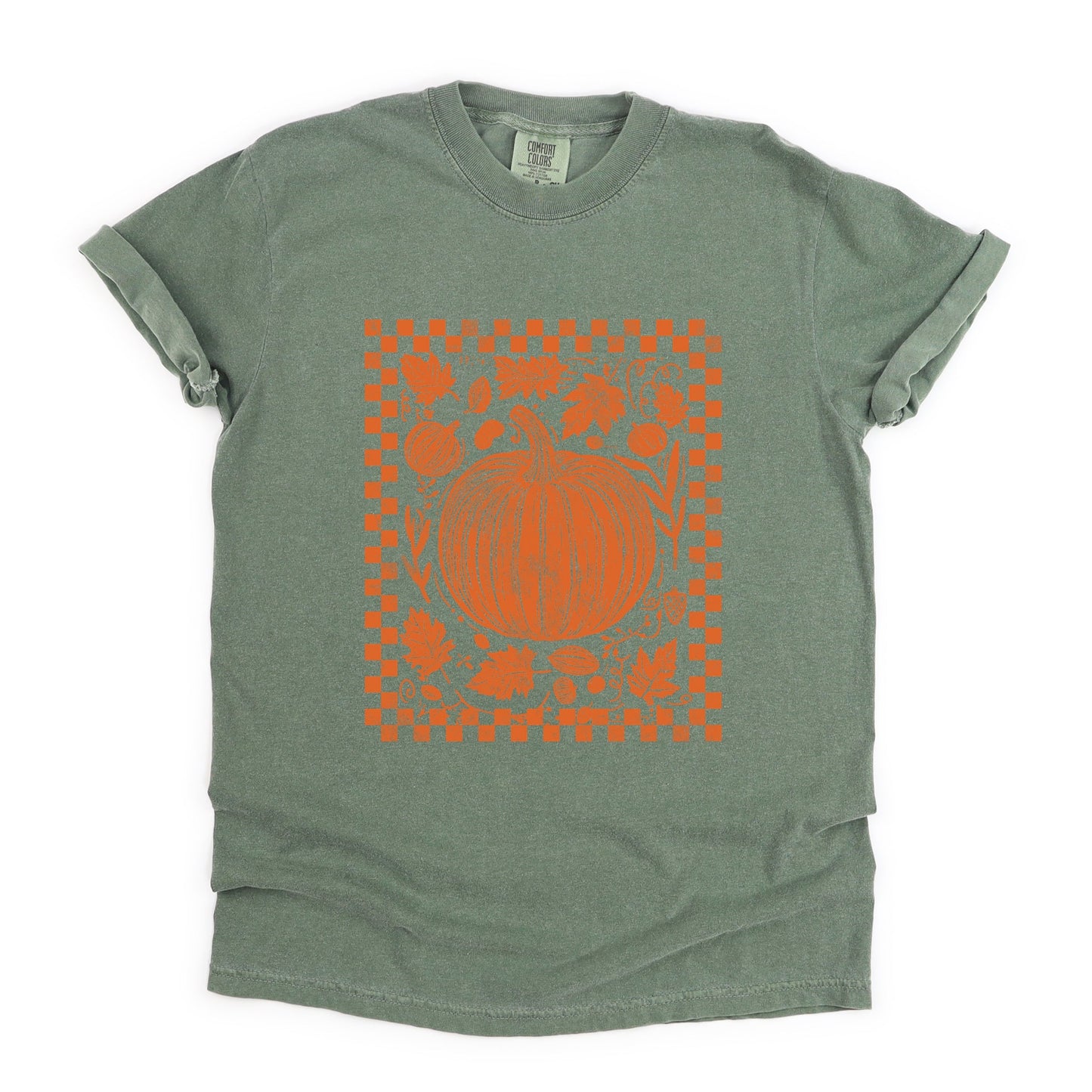 Pumpkin Checkered Distressed - Women's Garment Dyed Graphic T-Shirt