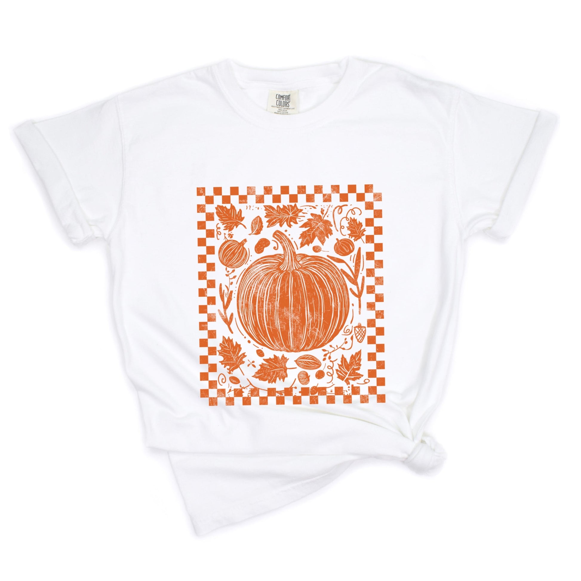 Pumpkin Checkered Distressed - Women's Garment Dyed Graphic T-Shirt