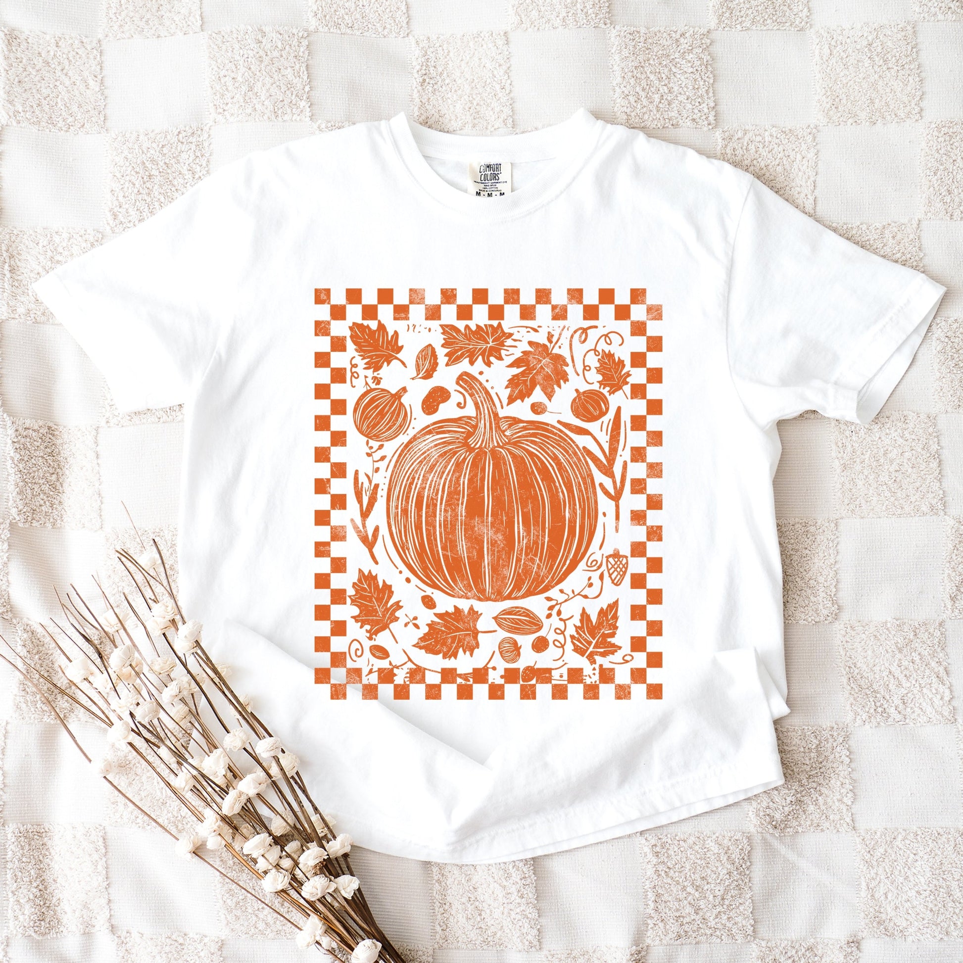 Pumpkin Checkered Distressed - Women's Garment Dyed Graphic T-Shirt