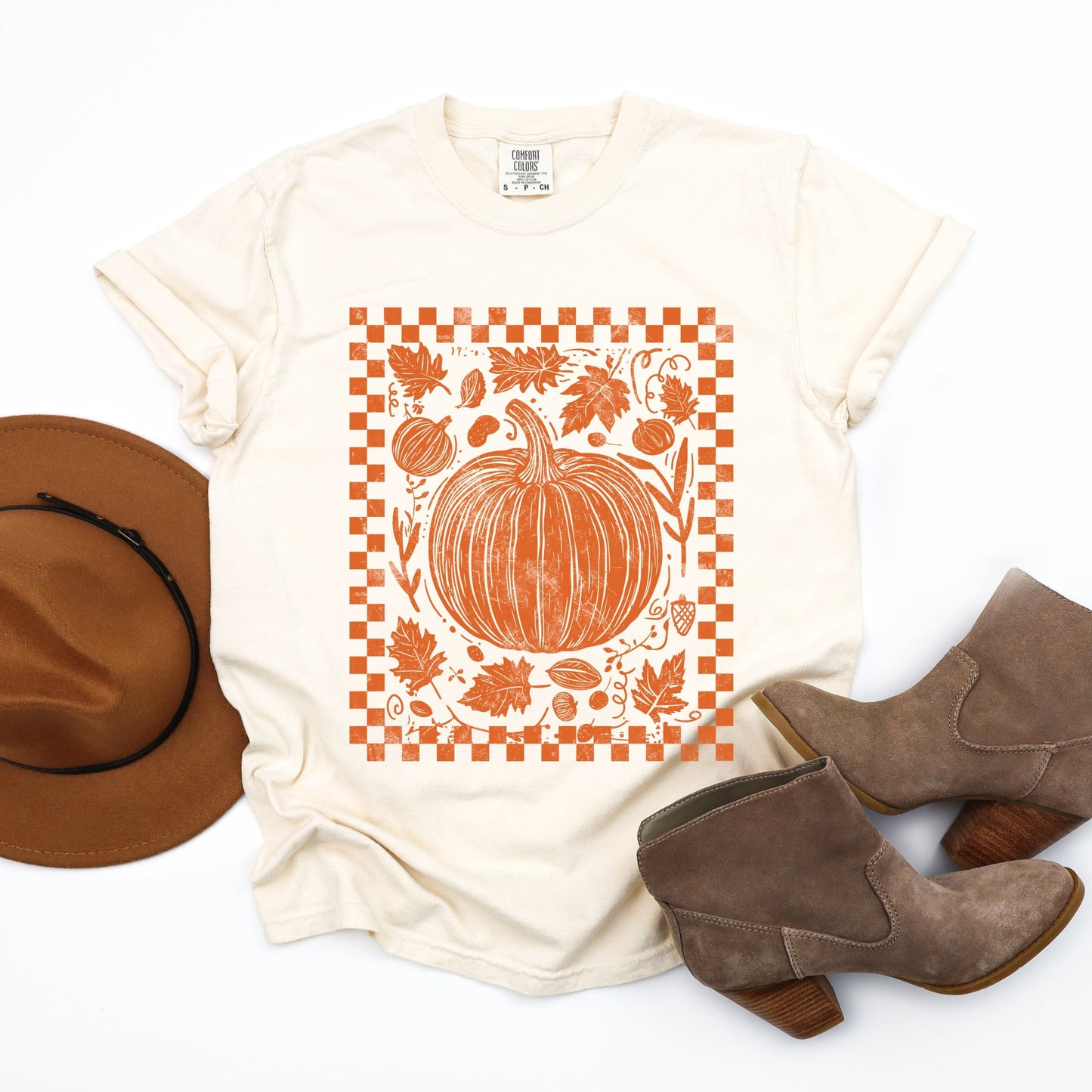Pumpkin Checkered Distressed - Women's Garment Dyed Graphic T-Shirt