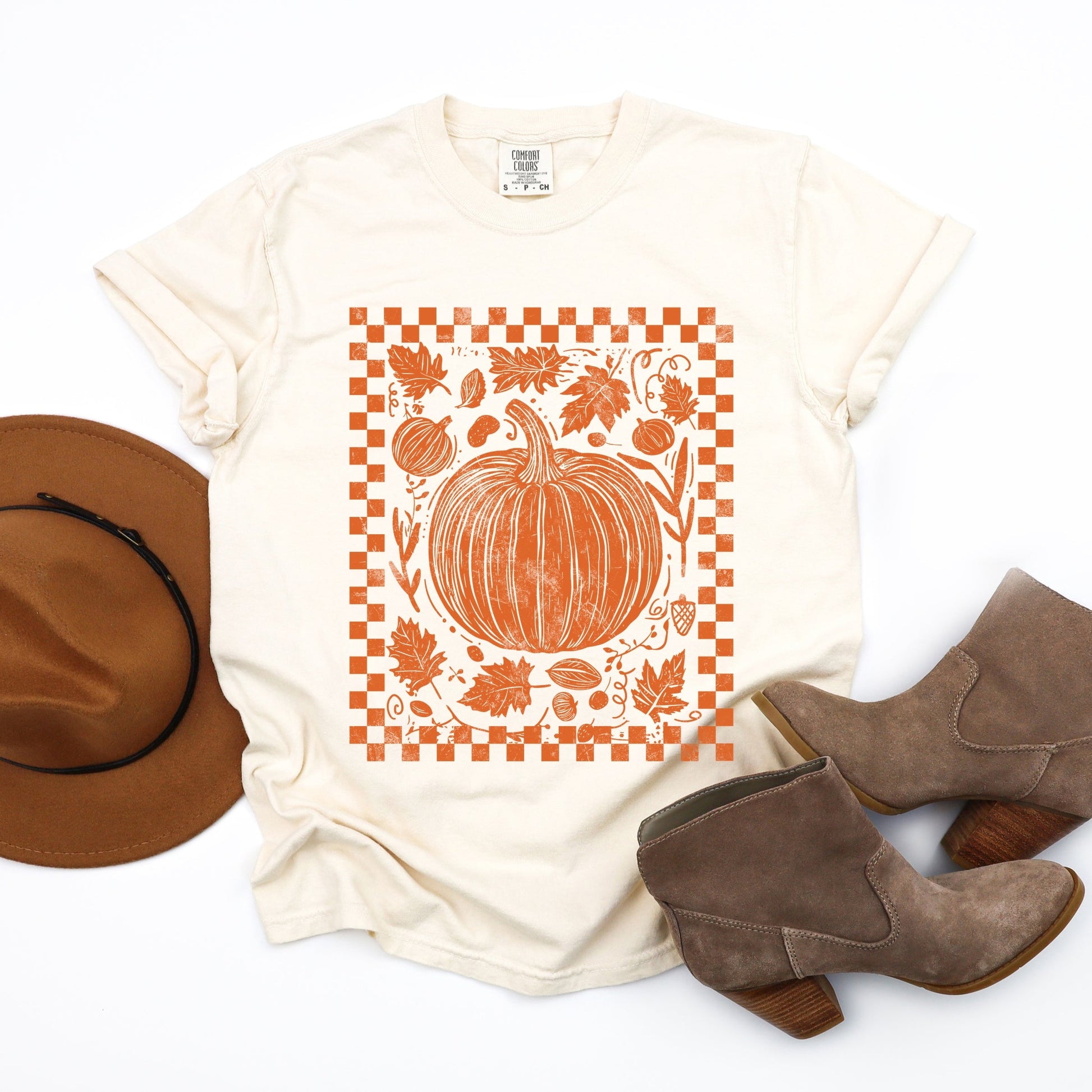 Pumpkin Checkered Distressed - Women's Garment Dyed Graphic T-Shirt