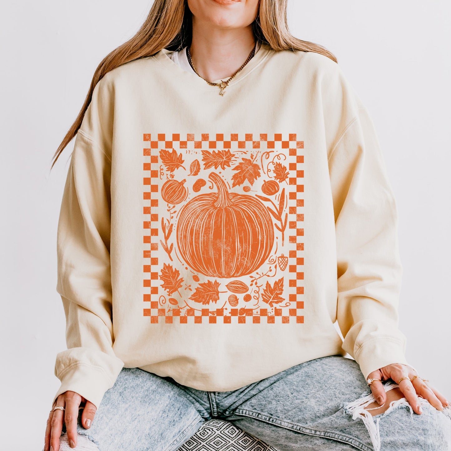 Pumpkin Checkered Distressed - Women's Lightweight Garment Dyed Sweatshirt