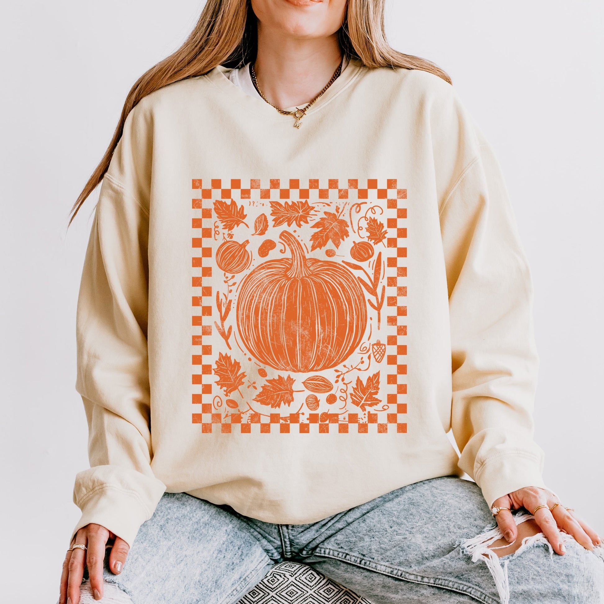 Pumpkin Checkered Distressed - Women's Lightweight Garment Dyed Sweatshirt