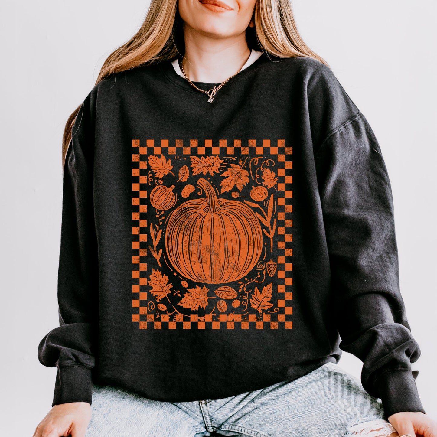 Pumpkin Checkered Distressed - Women's Lightweight Garment Dyed Sweatshirt