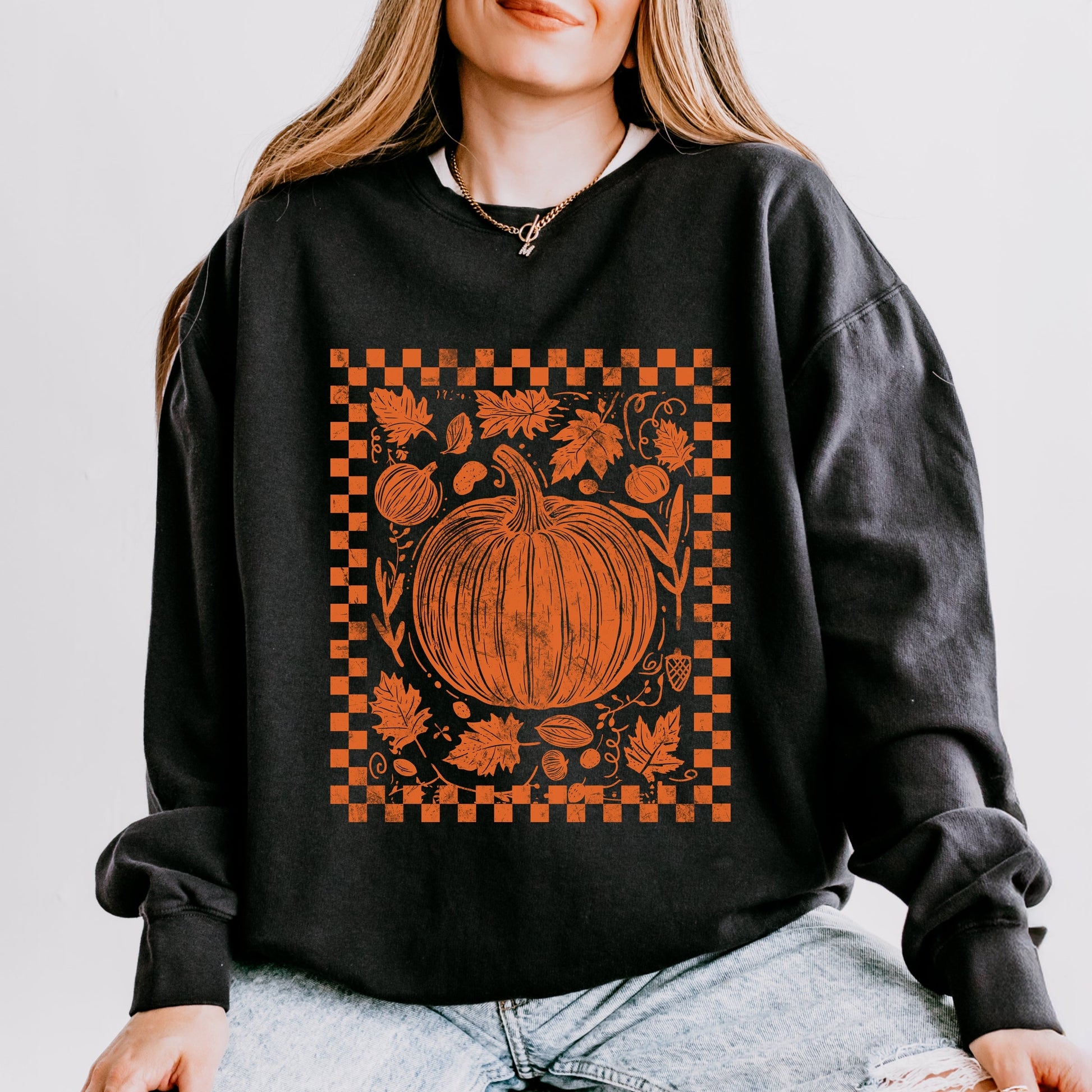 Pumpkin Checkered Distressed - Women's Lightweight Garment Dyed Sweatshirt