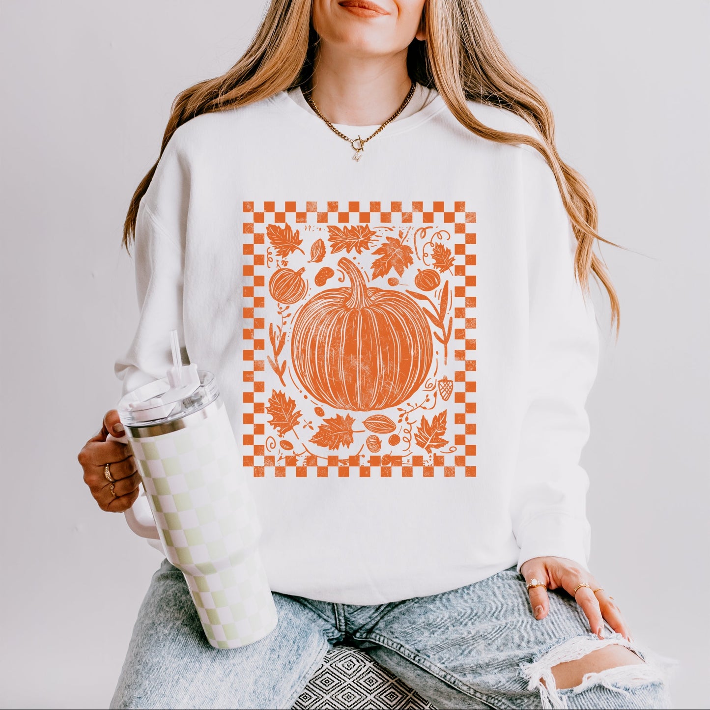 Pumpkin Checkered Distressed - Women's Lightweight Garment Dyed Sweatshirt