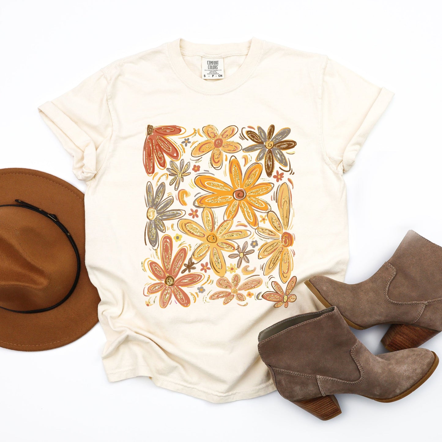 Fall Floral Glitter - Women's Garment Dyed Graphic T-Shirt