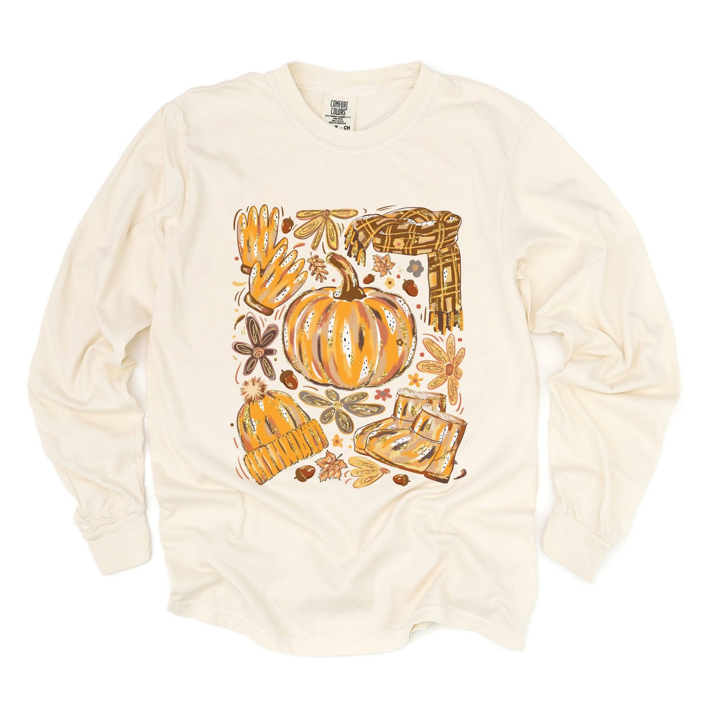 Fall Pumpkin Collage Glitter - Women's Garment Dyed Long Sleeve Graphic T-Shirt