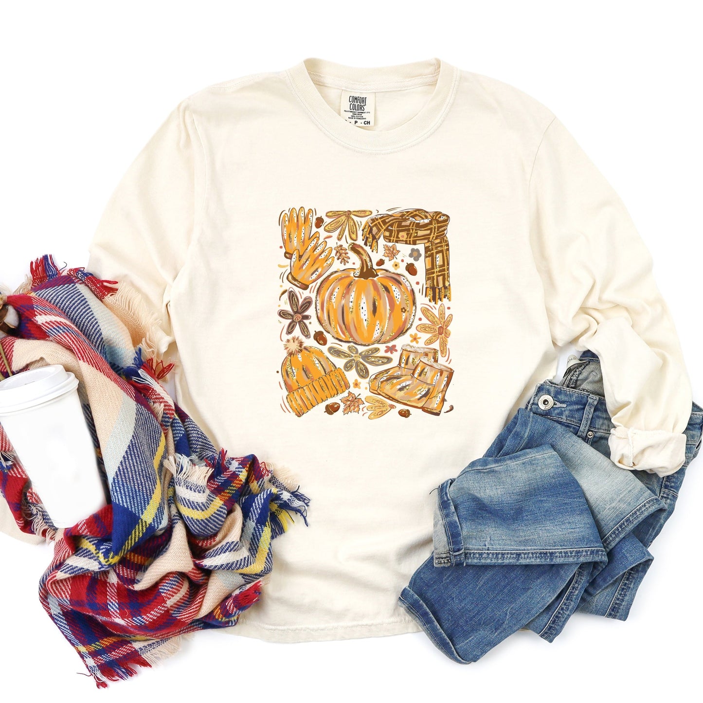 Fall Pumpkin Collage Glitter - Women's Garment Dyed Long Sleeve Graphic T-Shirt