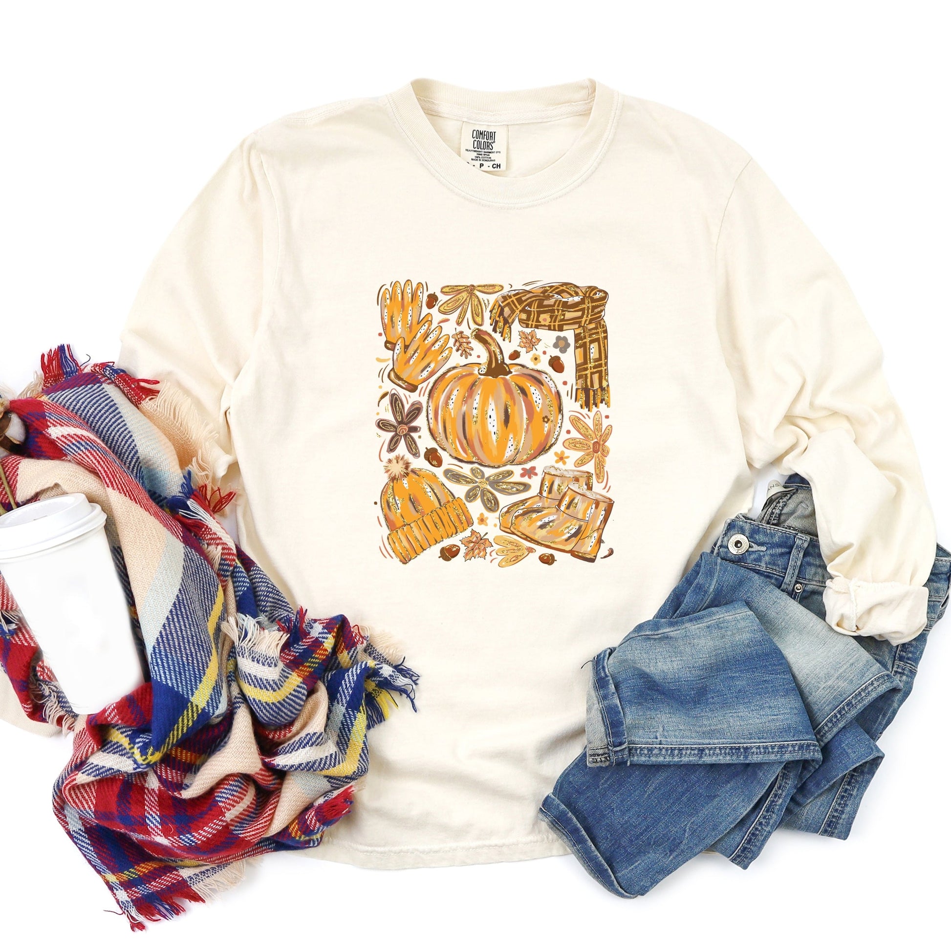 Fall Pumpkin Collage Glitter - Women's Garment Dyed Long Sleeve Graphic T-Shirt