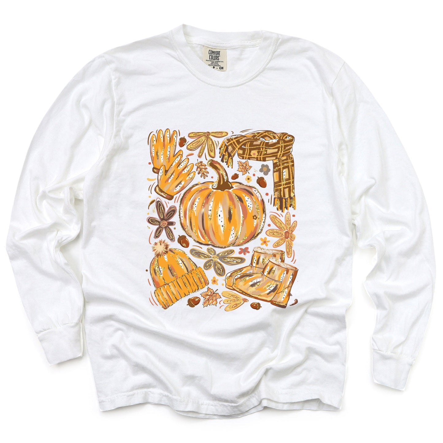 Fall Pumpkin Collage Glitter - Women's Garment Dyed Long Sleeve Graphic T-Shirt