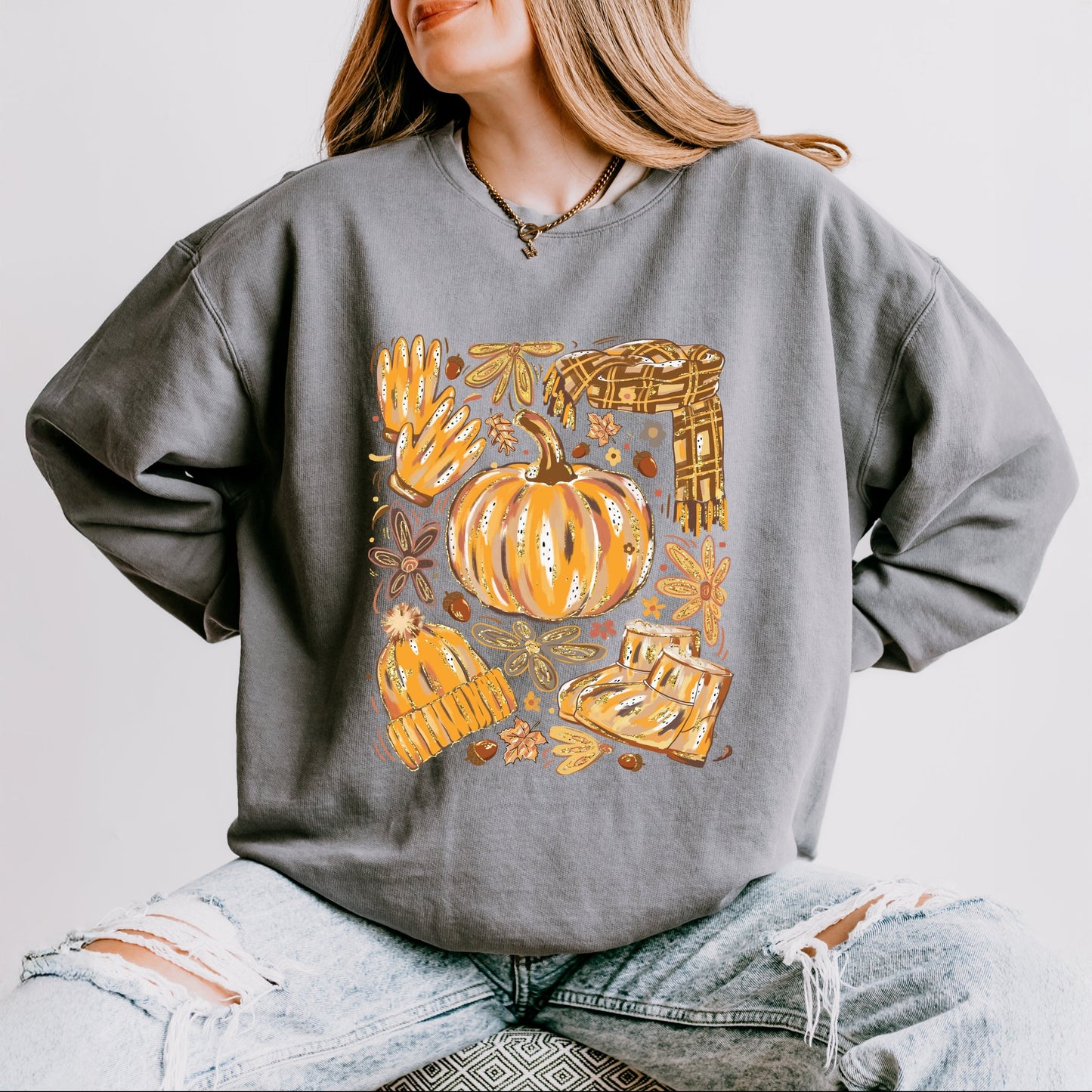 Fall Pumpkin Collage Glitter - Women's Lightweight Garment Dyed Sweatshirt
