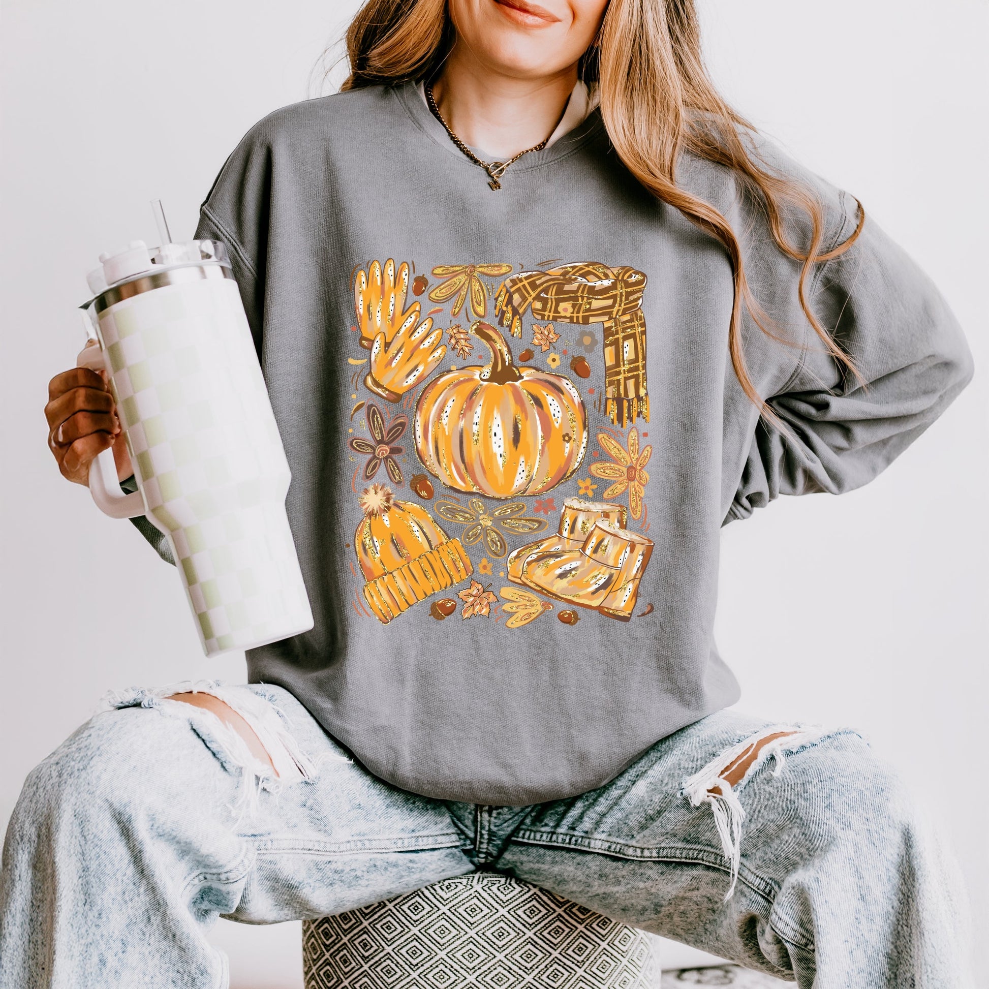 Fall Pumpkin Collage Glitter - Women's Lightweight Garment Dyed Sweatshirt