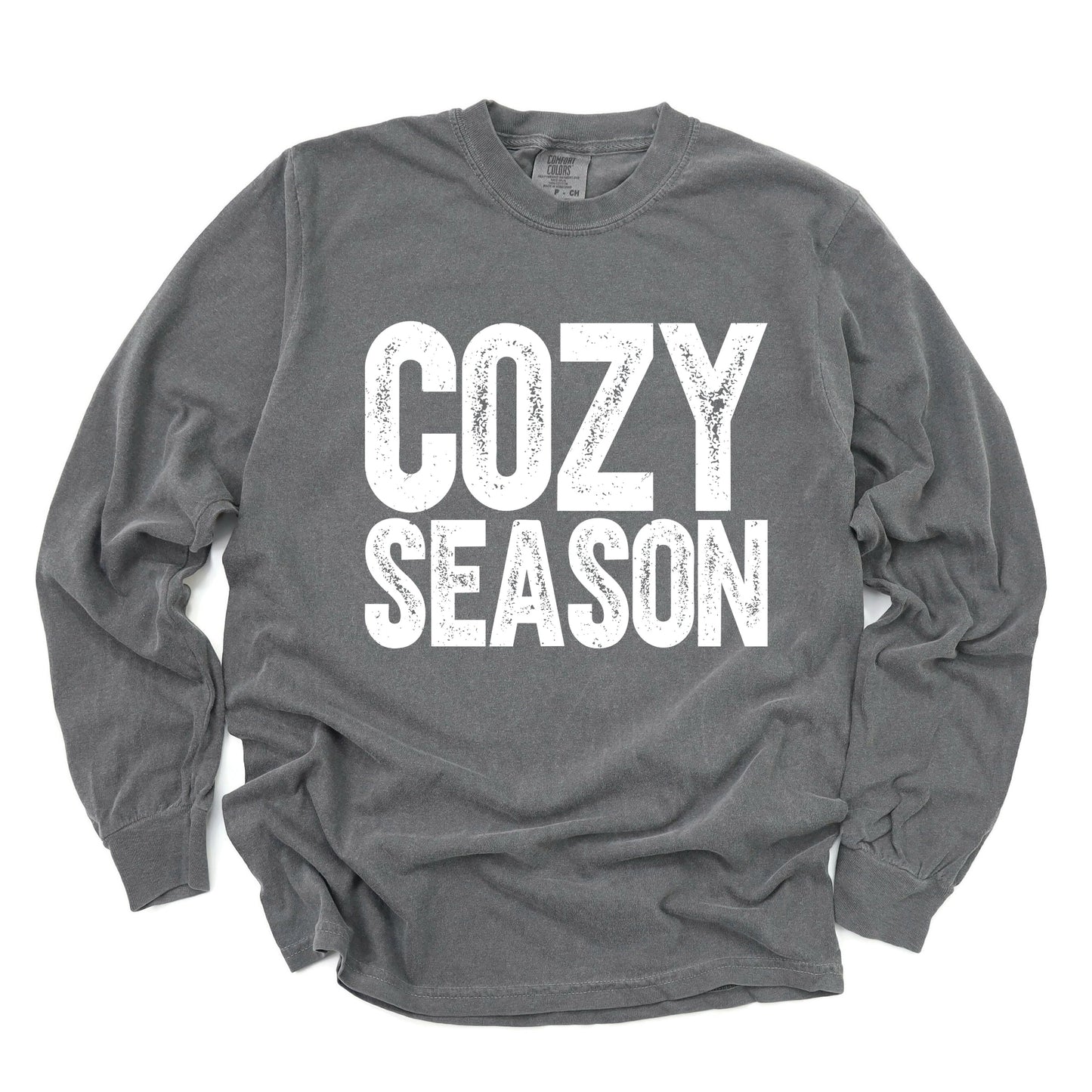 Cozy Season Bold Distressed - Women's Garment Dyed Long Sleeve Graphic T-Shirt