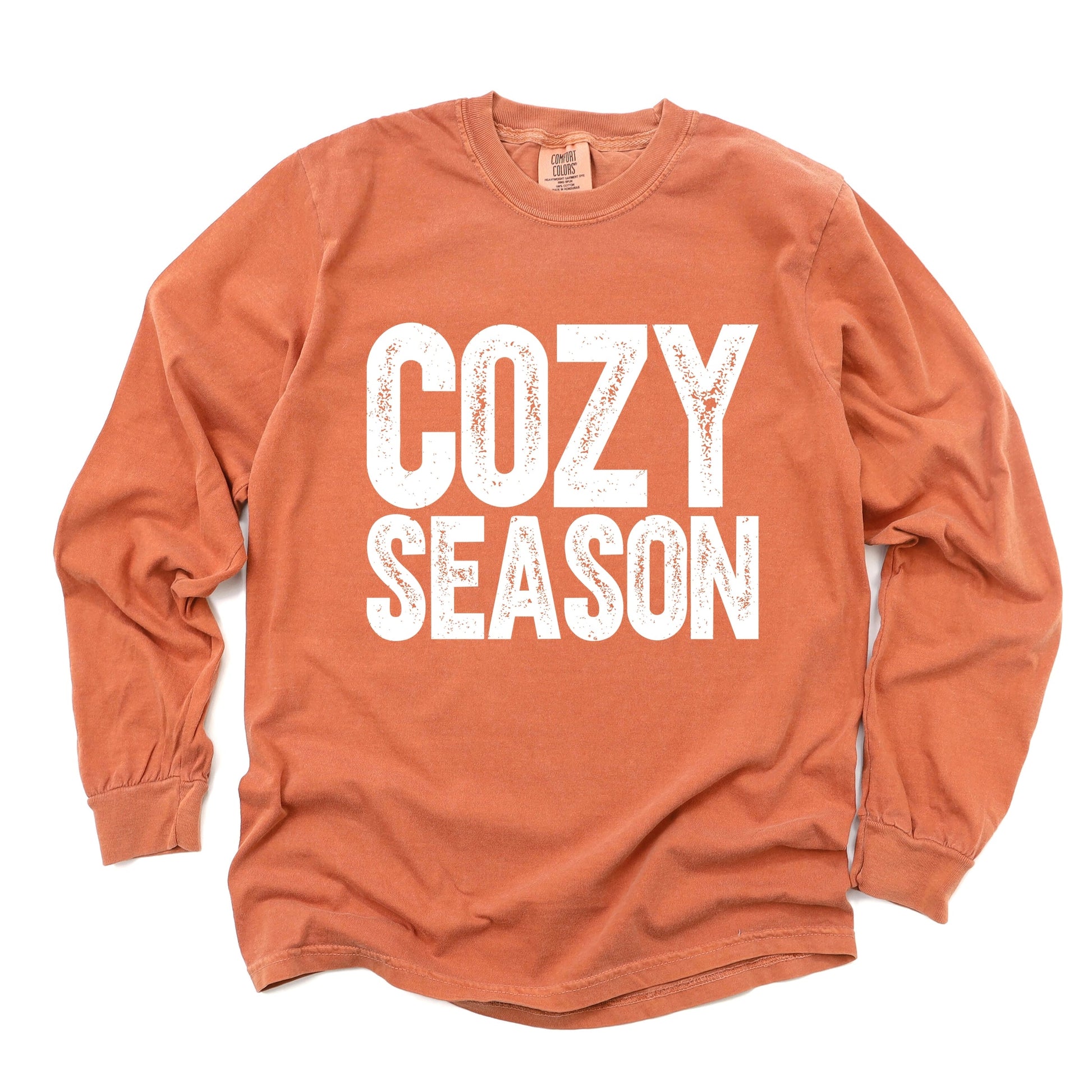 Cozy Season Bold Distressed - Women's Garment Dyed Long Sleeve Graphic T-Shirt